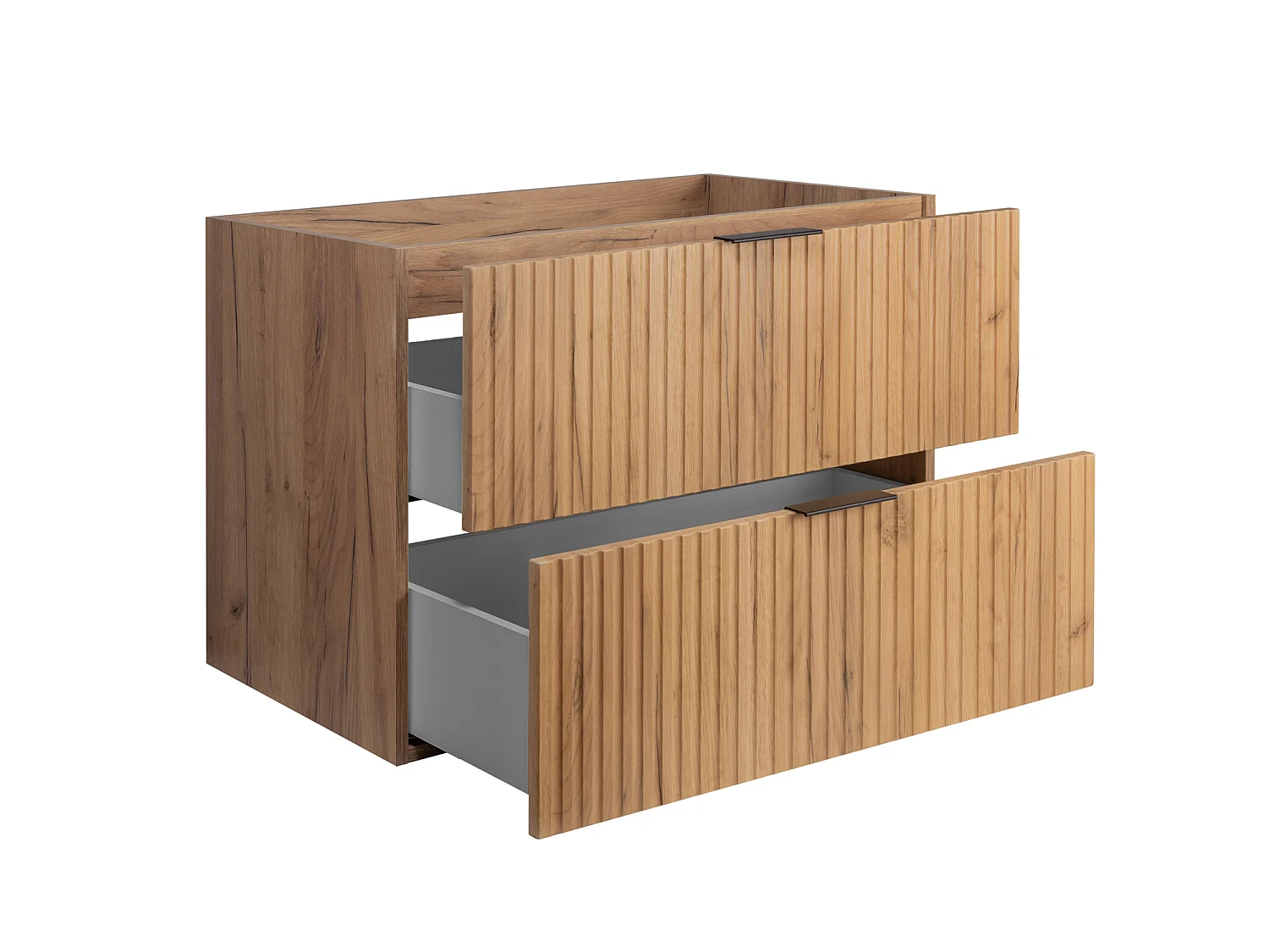 Bathroom cabinet set with laundry basket, Craft Oak / Top Black / Gold Handles, 140 x 57 x 46 cm