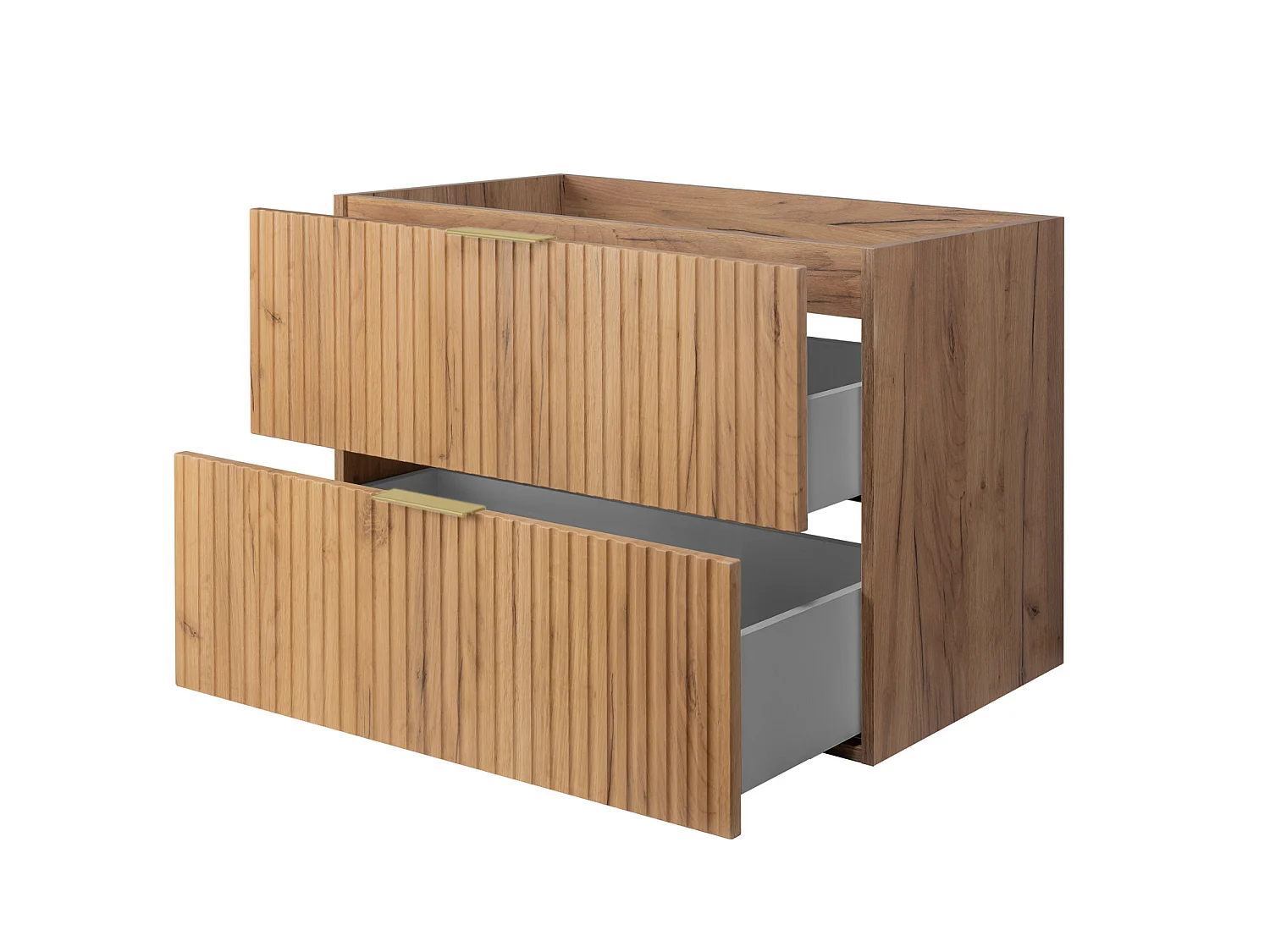 Bathroom cabinet set with laundry basket, Craft Oak / Top Black / Gold Handles, 140 x 57 x 46 cm