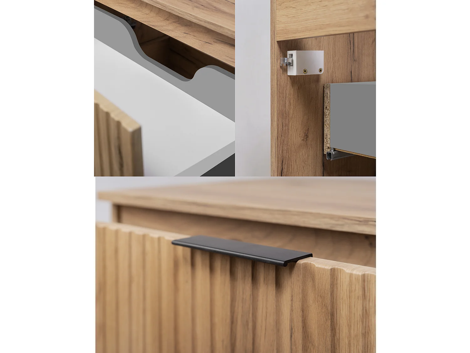 Bathroom cabinet set with laundry basket, Craft Oak / Top Black / Gold Handles, 140 x 57 x 46 cm