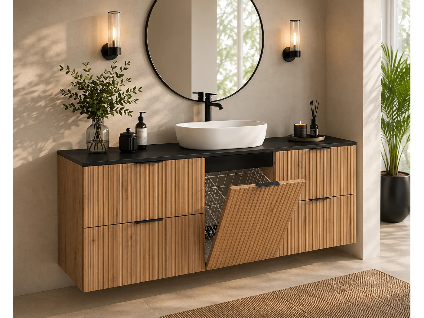 Wall-hung bathroom vanity unit with laundry basket, Craft oak / top Black, Black handles, 160 x 46 x 57 cm