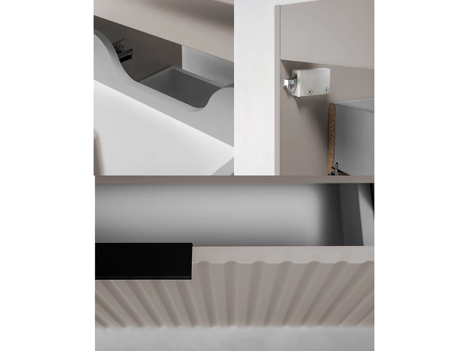 Meuble sous vasque suspendu avec panier à linge, cachemire, poignées noires, 160 x 46 x 57 cm