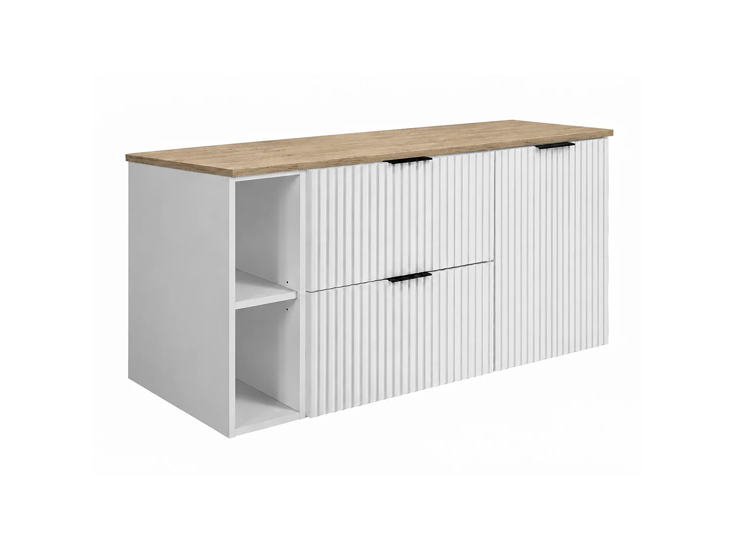 Ensemble de meubles de salle de bain avec panier à linge, Blanc / Plan Chêne Clair / Poignées Noires, 120 x 57 x 46 cm