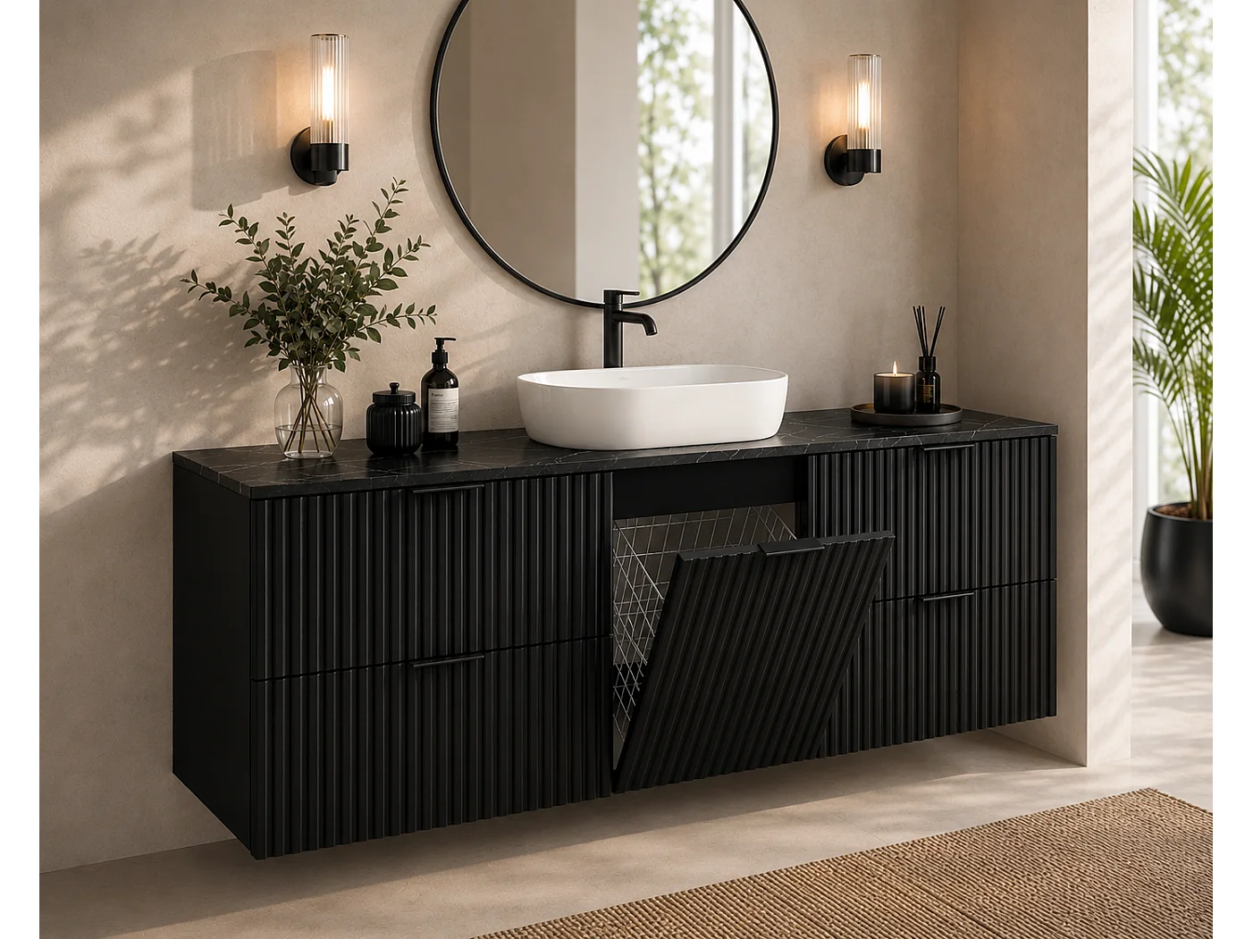 Wall-hung bathroom vanity unit with laundry basket, Black / top Black Royal marble, Black handles, 160 x 46 x 57 cm