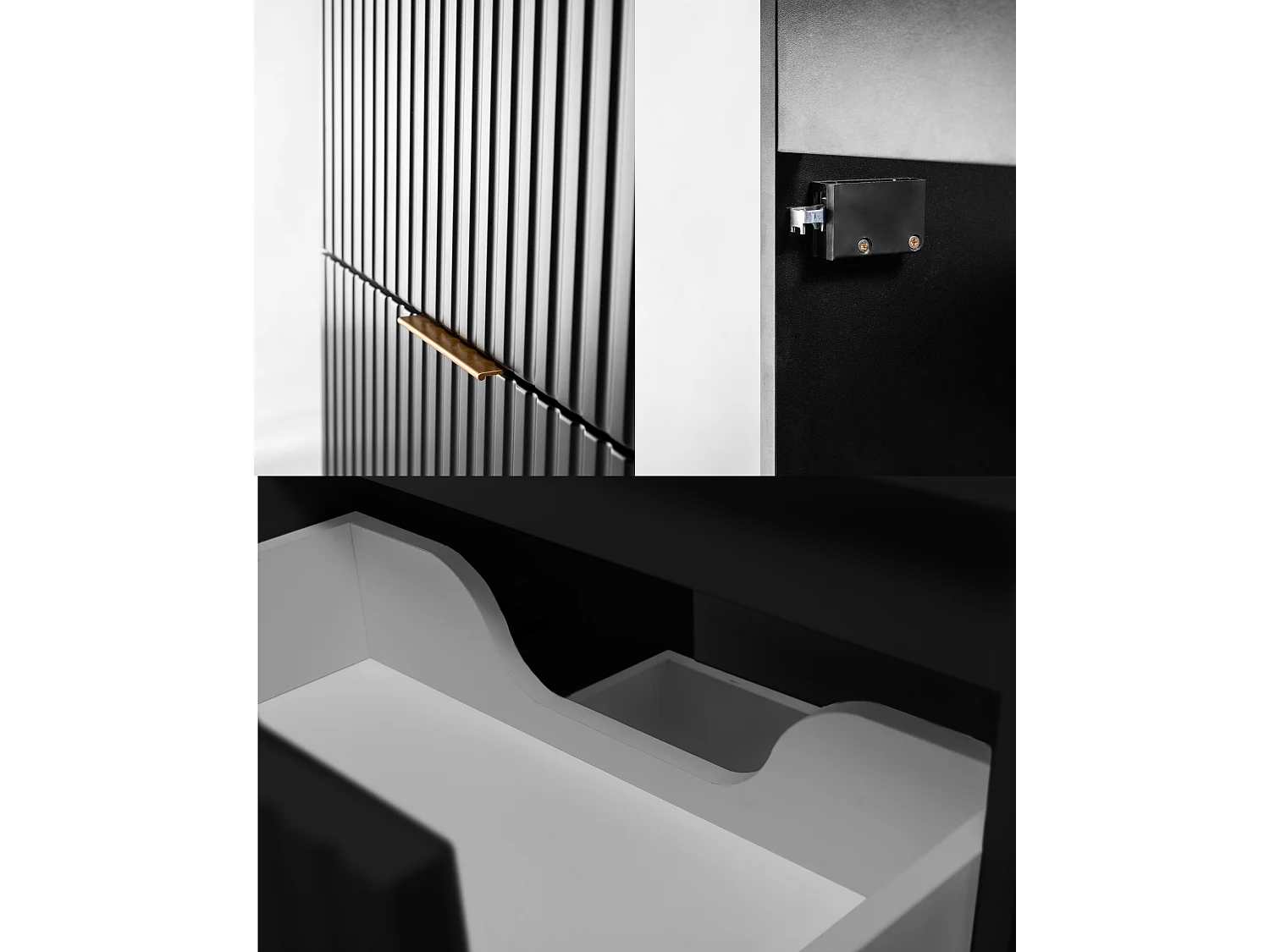 Meuble sous vasque suspendu avec panier à linge, noir, poignées dorées, 160 x 46 x 57 cm