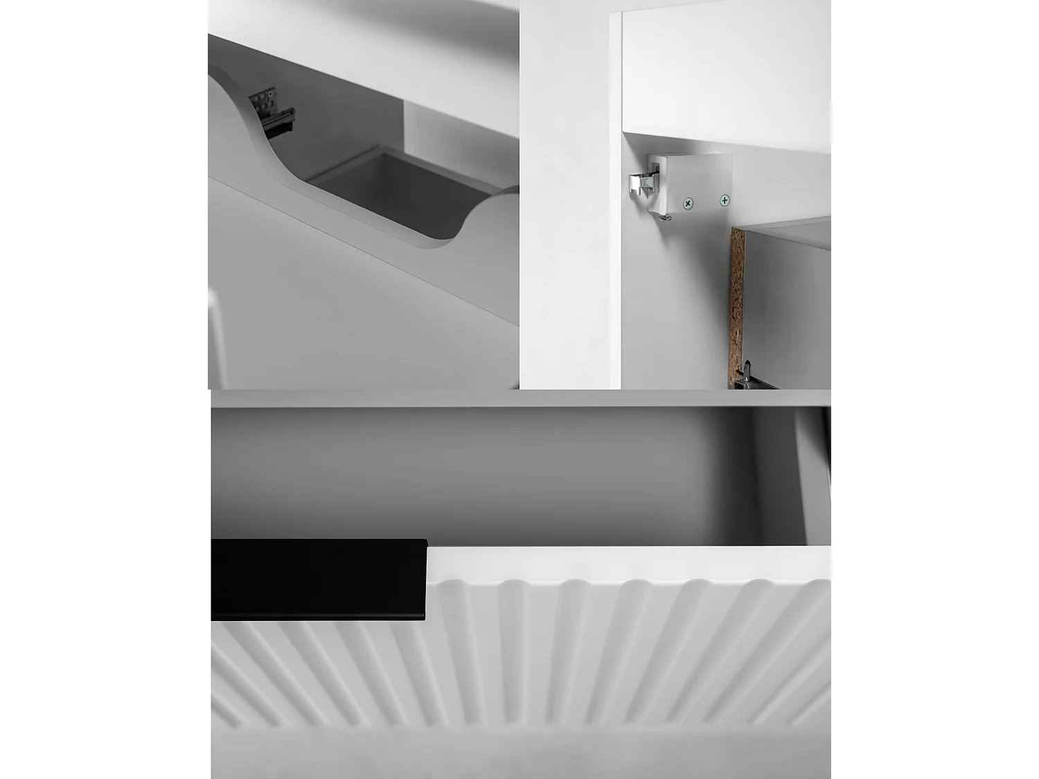 Ensemble de meubles de salle de bain avec panier à linge, Blanc / Plan Chêne Clair / Poignées Noires, 140 x 57 x 46 cm