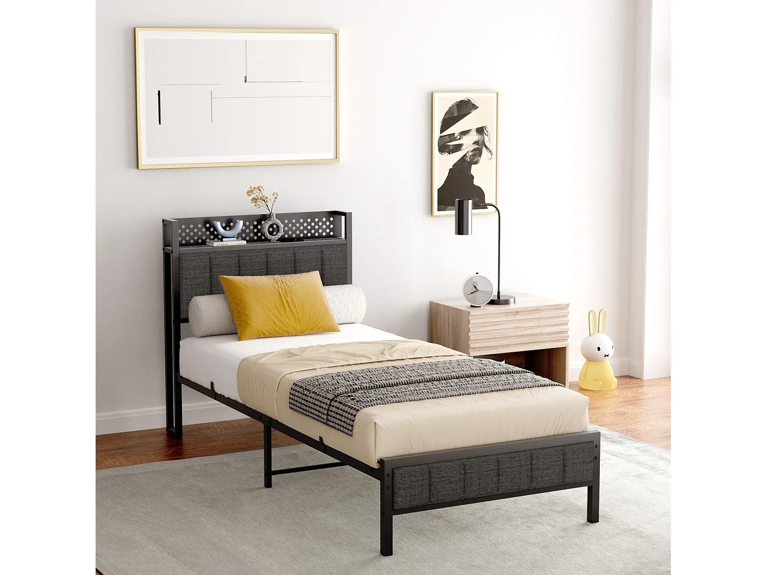 Lit Simple En Métal Noir 90x200 Cm Avec Tête De Lit Rembourrée Et Ports USB Et LED - Cadre Stable Moderne Sans Matelas
