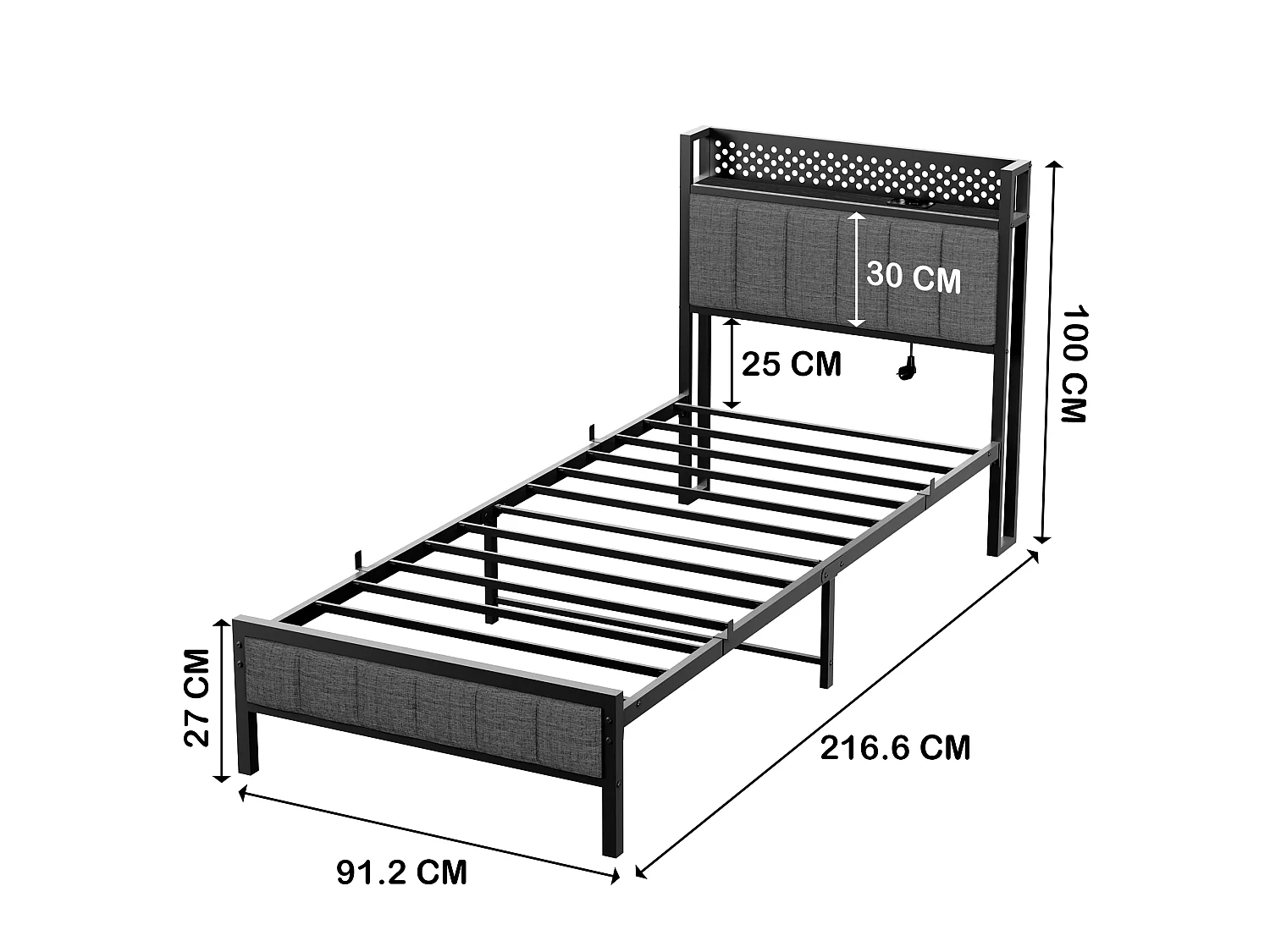 Lit Simple En Métal Noir 90x200 Cm Avec Tête De Lit Rembourrée Et Ports USB Et LED - Cadre Stable Moderne Sans Matelas