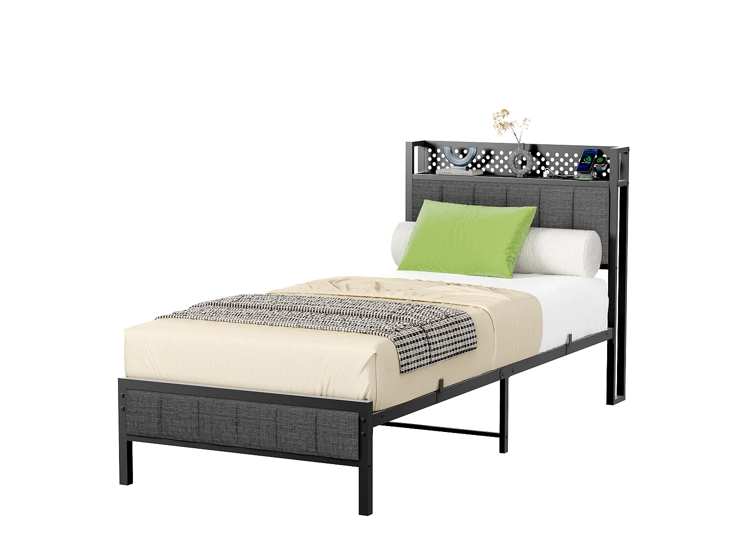 Lit Simple En Métal Noir 90x200 Cm Avec Tête De Lit Rembourrée Et Ports USB Et LED - Cadre Stable Moderne Sans Matelas