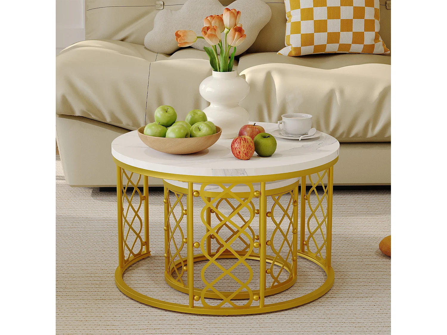 Table Basse Ronde et Tables d’Appoint 2 Pièces pour Salon, Chambre ou Balcon - Blanc et Or - 70x70x45 cm et 45x45x37 cm