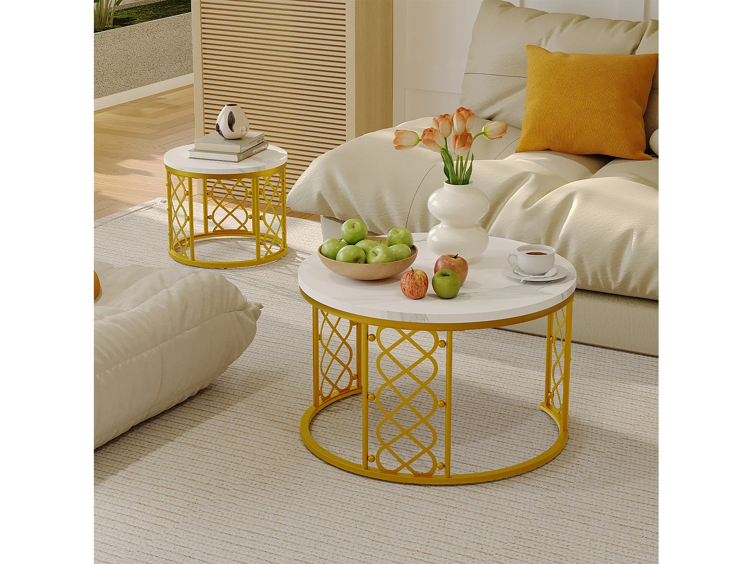 Table Basse Ronde et Tables d’Appoint 2 Pièces pour Salon, Chambre ou Balcon - Blanc et Or - 70x70x45 cm et 45x45x37 cm