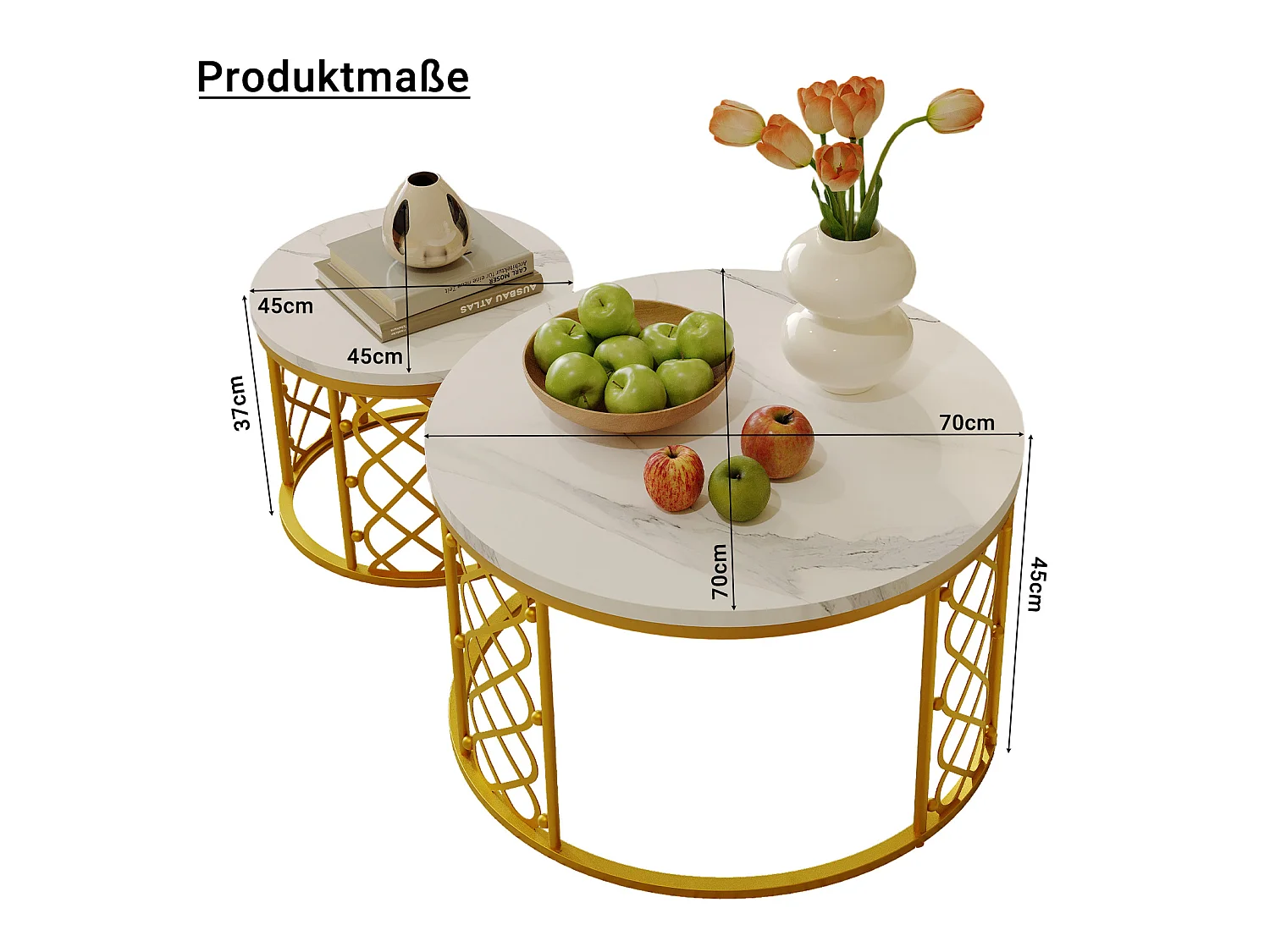Table Basse Ronde et Tables d’Appoint 2 Pièces pour Salon, Chambre ou Balcon - Blanc et Or - 70x70x45 cm et 45x45x37 cm