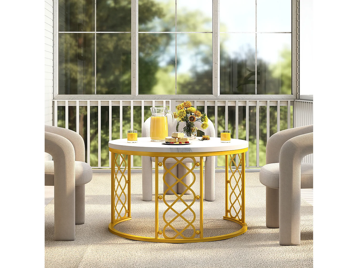 Table Basse Ronde et Tables d’Appoint 2 Pièces pour Salon, Chambre ou Balcon - Blanc et Or - 70x70x45 cm et 45x45x37 cm