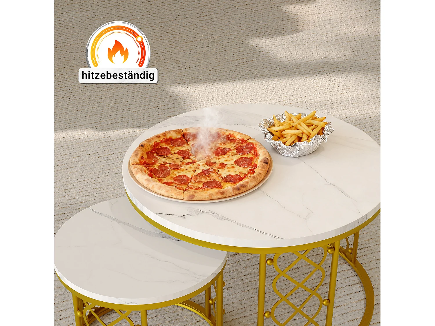 Table Basse Ronde et Tables d’Appoint 2 Pièces pour Salon, Chambre ou Balcon - Blanc et Or - 70x70x45 cm et 45x45x37 cm