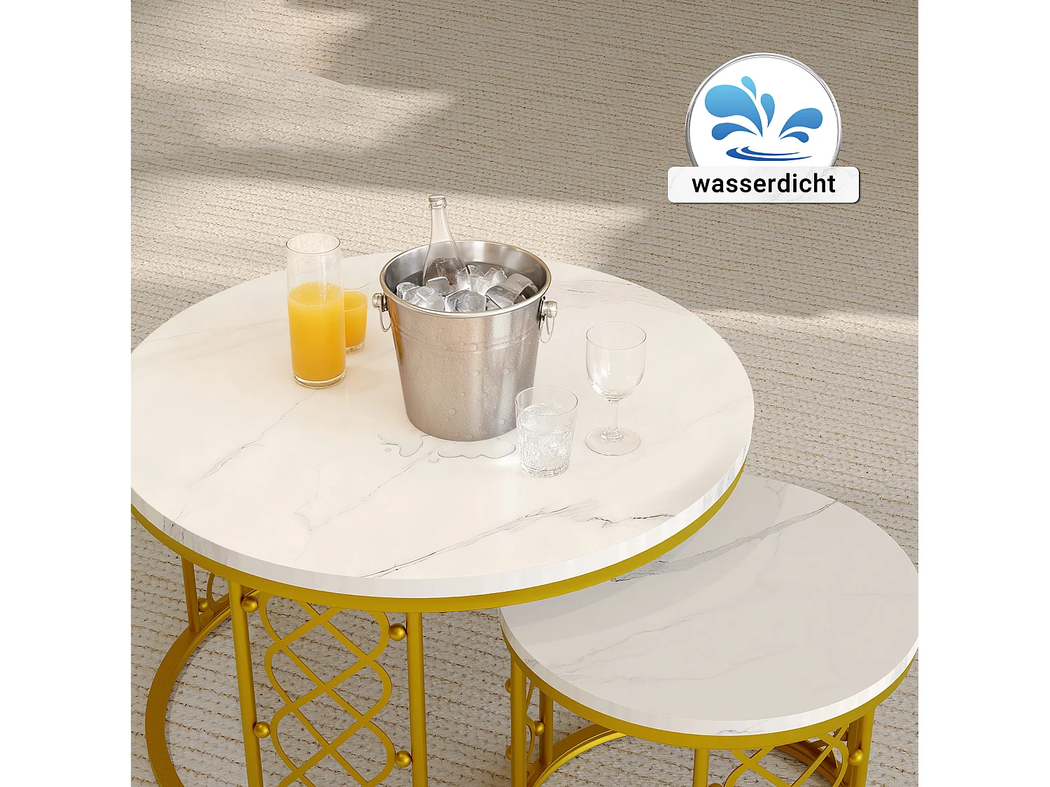 Table Basse Ronde et Tables d’Appoint 2 Pièces pour Salon, Chambre ou Balcon - Blanc et Or - 70x70x45 cm et 45x45x37 cm