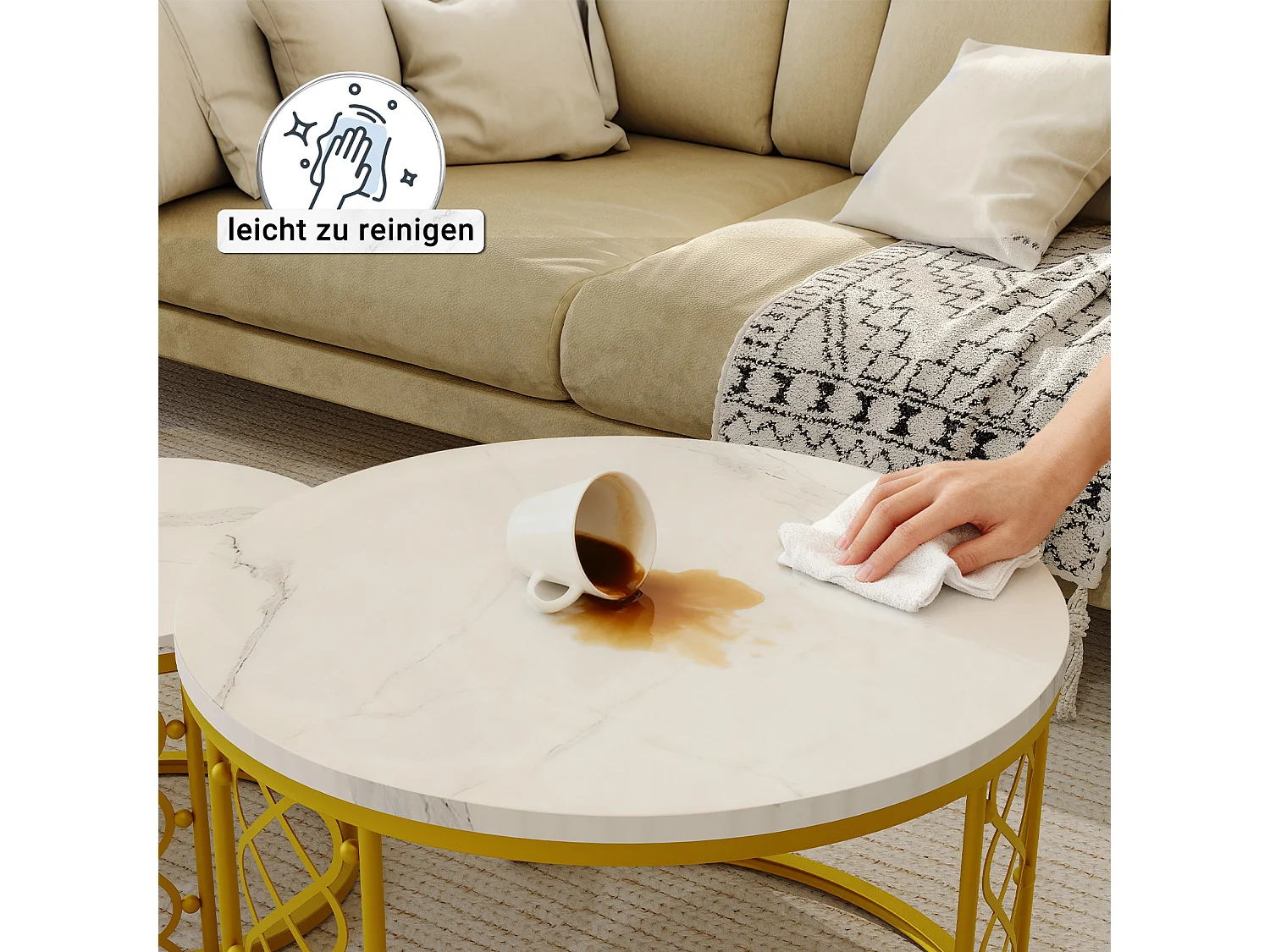 Table Basse Ronde et Tables d’Appoint 2 Pièces pour Salon, Chambre ou Balcon - Blanc et Or - 70x70x45 cm et 45x45x37 cm