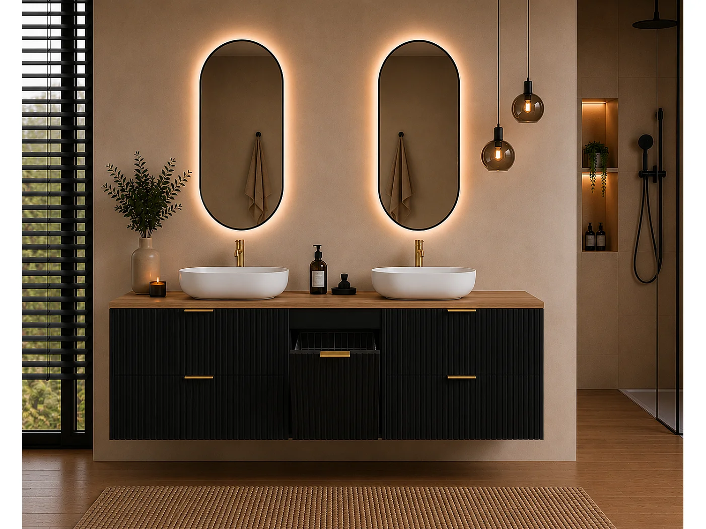 Badmöbel-Set mit Wäschekorb, Schwarz / Platte Eiche Craft / Griffe Gold, 140 x 57 x 46 cm