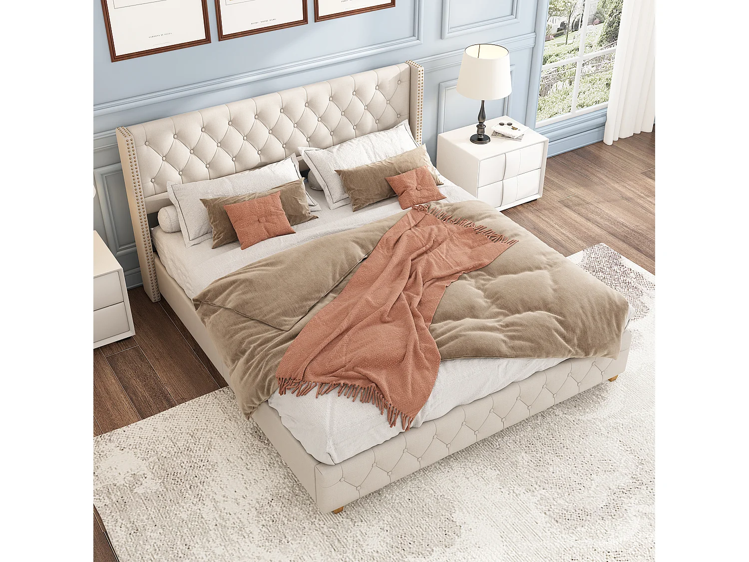 Lit 140 x 190 cm - Lit Capitonné Avec Tête De Lit À Boutons Et Rivets - Revêtement En Lin - Sommier À Lattes (12 Lattes) - Beige - Sans Matelas