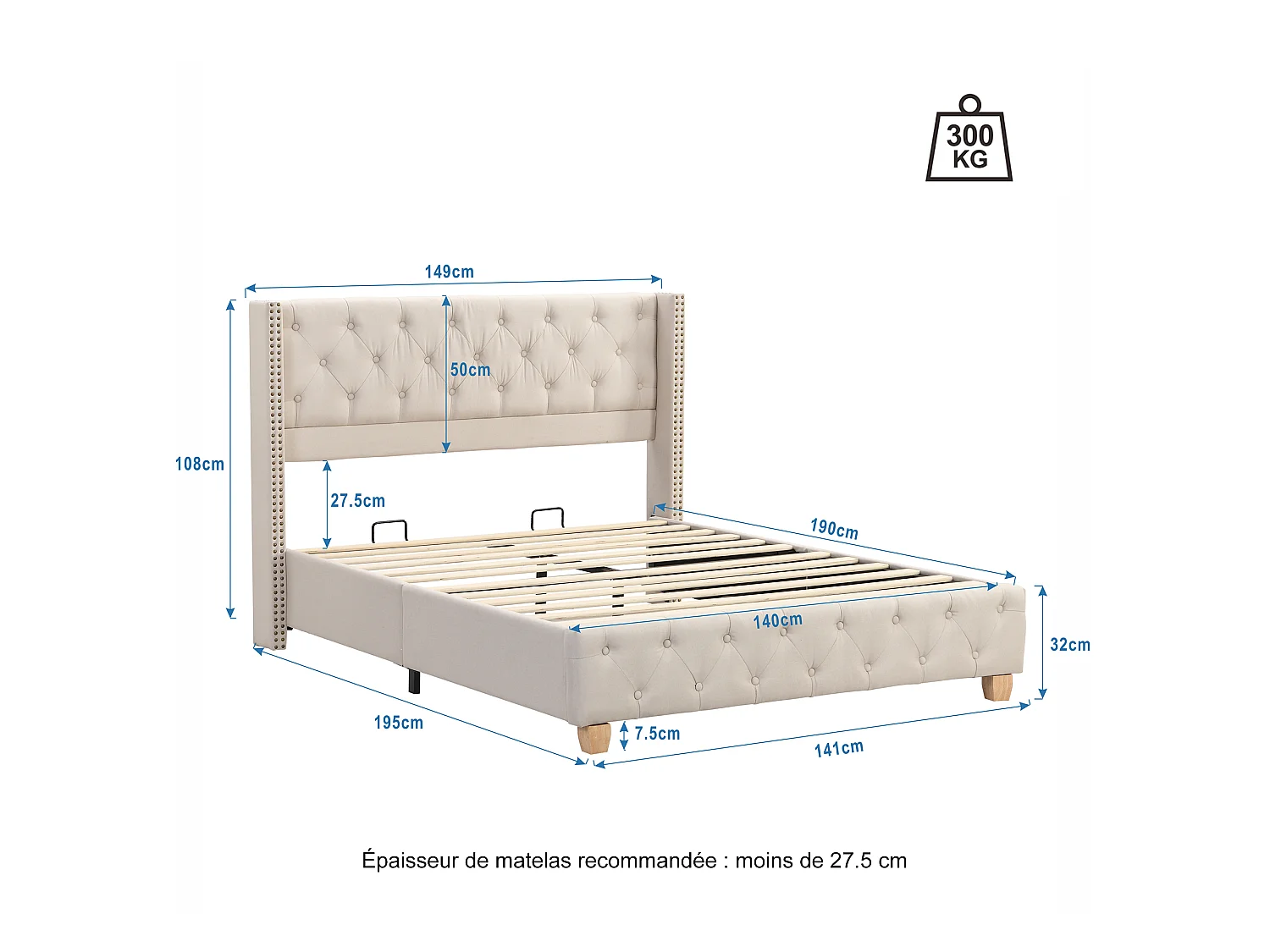 Lit 140 x 190 cm - Lit Capitonné Avec Tête De Lit À Boutons Et Rivets - Revêtement En Lin - Sommier À Lattes (12 Lattes) - Beige - Sans Matelas