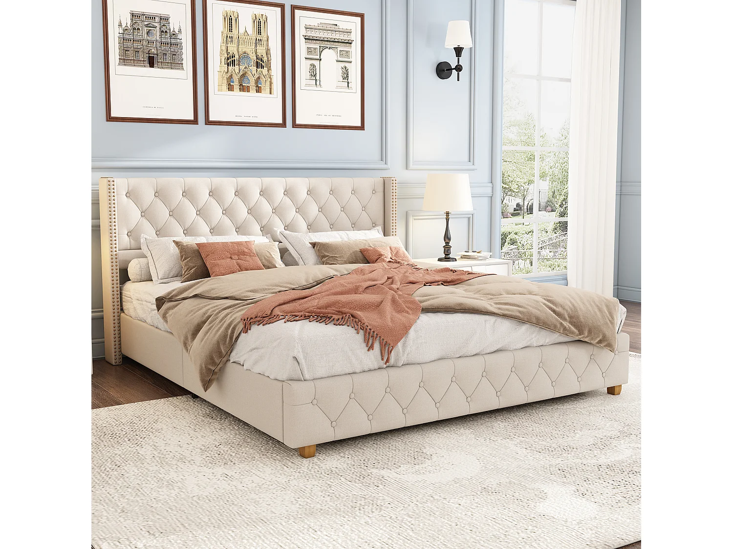 Lit 140 x 190 cm - Lit Capitonné Avec Tête De Lit À Boutons Et Rivets - Revêtement En Lin - Sommier À Lattes (12 Lattes) - Beige - Sans Matelas