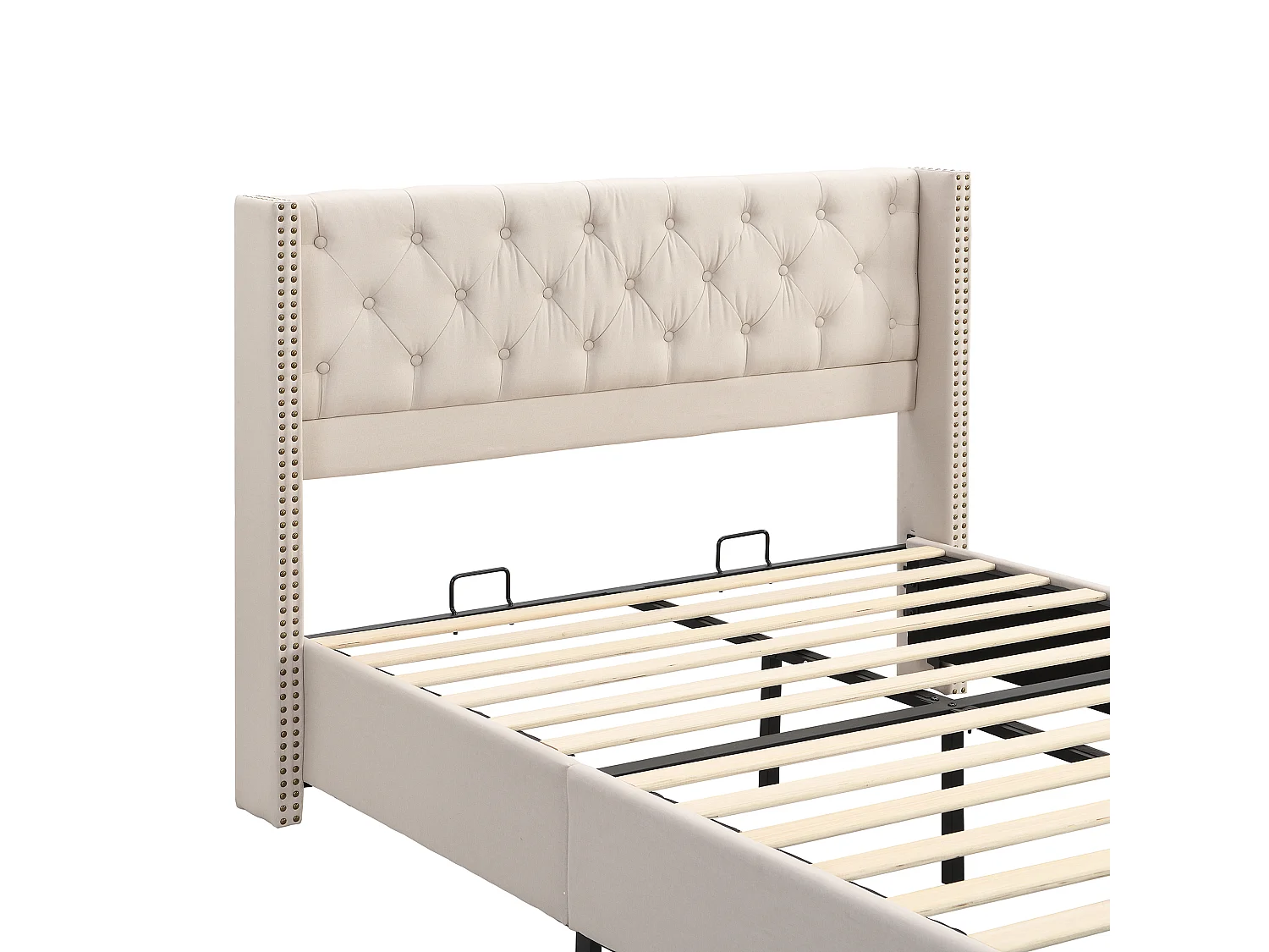 Lit 140 x 190 cm - Lit Capitonné Avec Tête De Lit À Boutons Et Rivets - Revêtement En Lin - Sommier À Lattes (12 Lattes) - Beige - Sans Matelas
