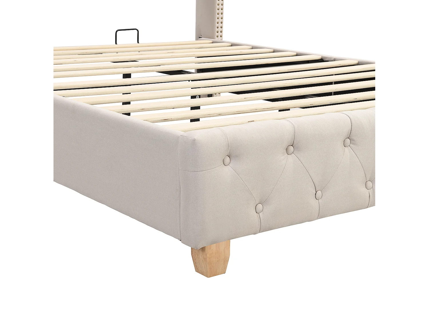 Lit 140 x 190 cm - Lit Capitonné Avec Tête De Lit À Boutons Et Rivets - Revêtement En Lin - Sommier À Lattes (12 Lattes) - Beige - Sans Matelas