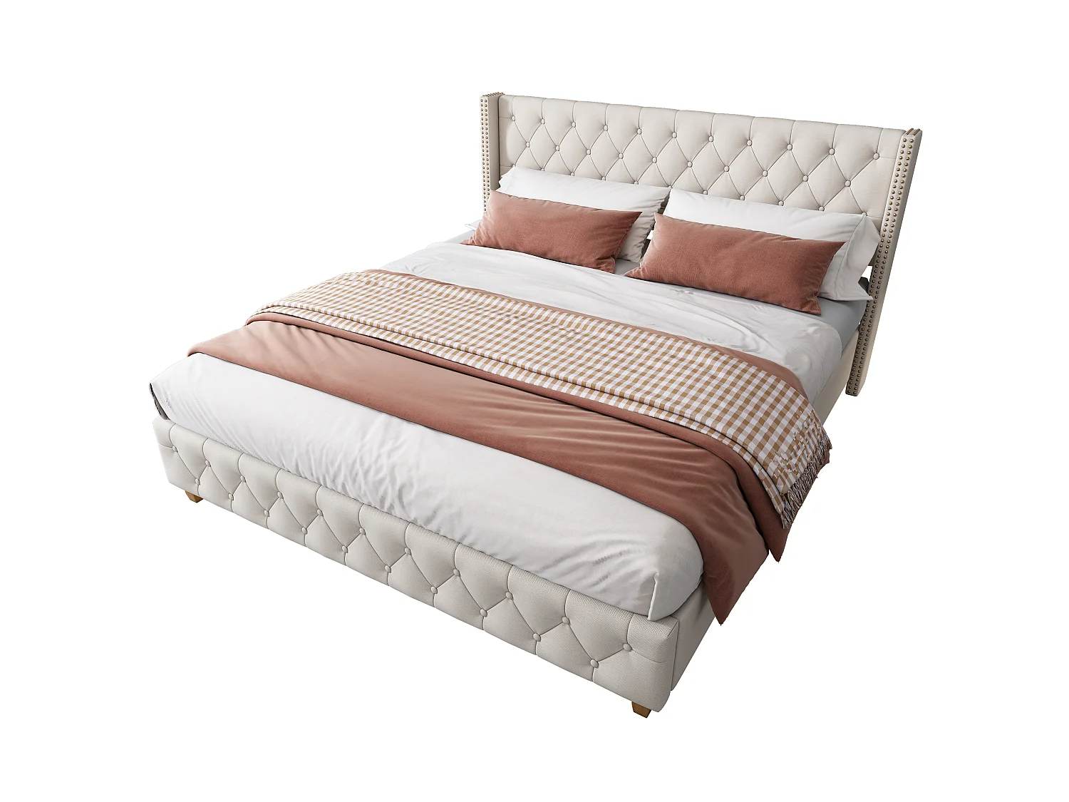 Lit 140 x 190 cm - Lit Capitonné Avec Tête De Lit À Boutons Et Rivets - Revêtement En Lin - Sommier À Lattes (12 Lattes) - Beige - Sans Matelas