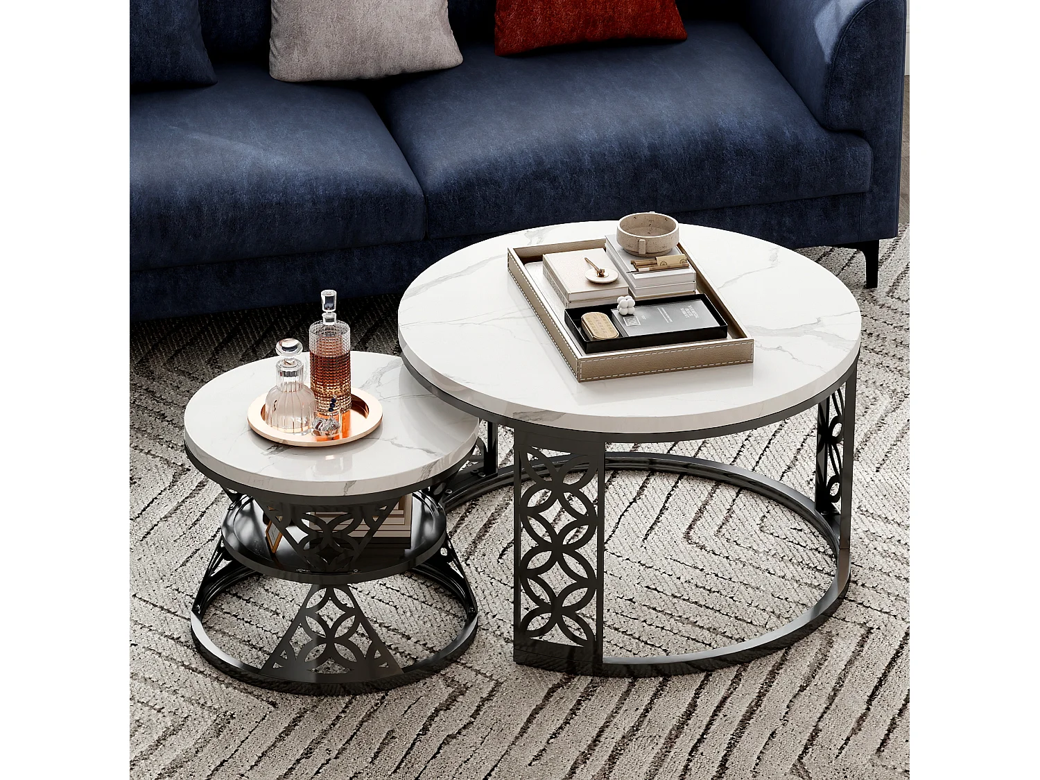 Table Basse Gigogne Ronde 2 Pièces - Tables Empilables avec Plateau Effet Marbre et Piètement Métal Noir Blanc et Noir