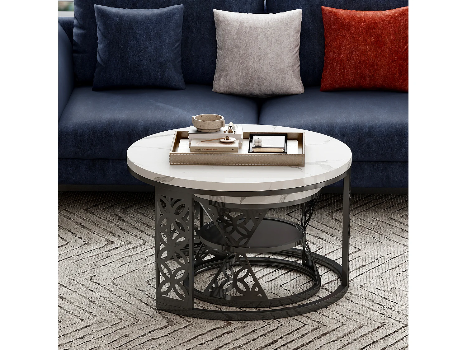 Table Basse Gigogne Ronde 2 Pièces - Tables Empilables avec Plateau Effet Marbre et Piètement Métal Noir Blanc et Noir