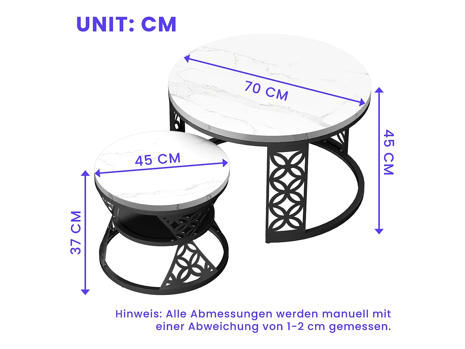 Table Basse Gigogne Ronde 2 Pièces - Tables Empilables avec Plateau Effet Marbre et Piètement Métal Noir Blanc et Noir