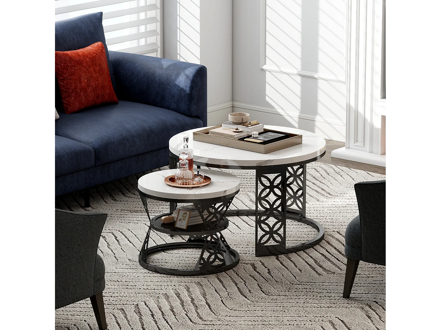 Table Basse Gigogne Ronde 2 Pièces - Tables Empilables avec Plateau Effet Marbre et Piètement Métal Noir Blanc et Noir