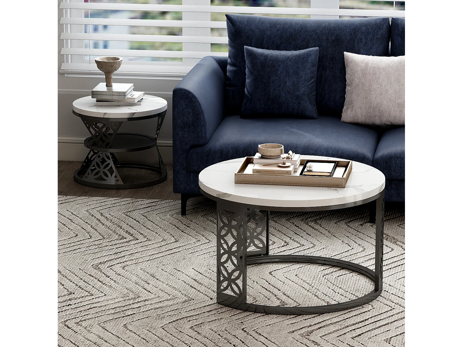 Table Basse Gigogne Ronde 2 Pièces - Tables Empilables avec Plateau Effet Marbre et Piètement Métal Noir Blanc et Noir