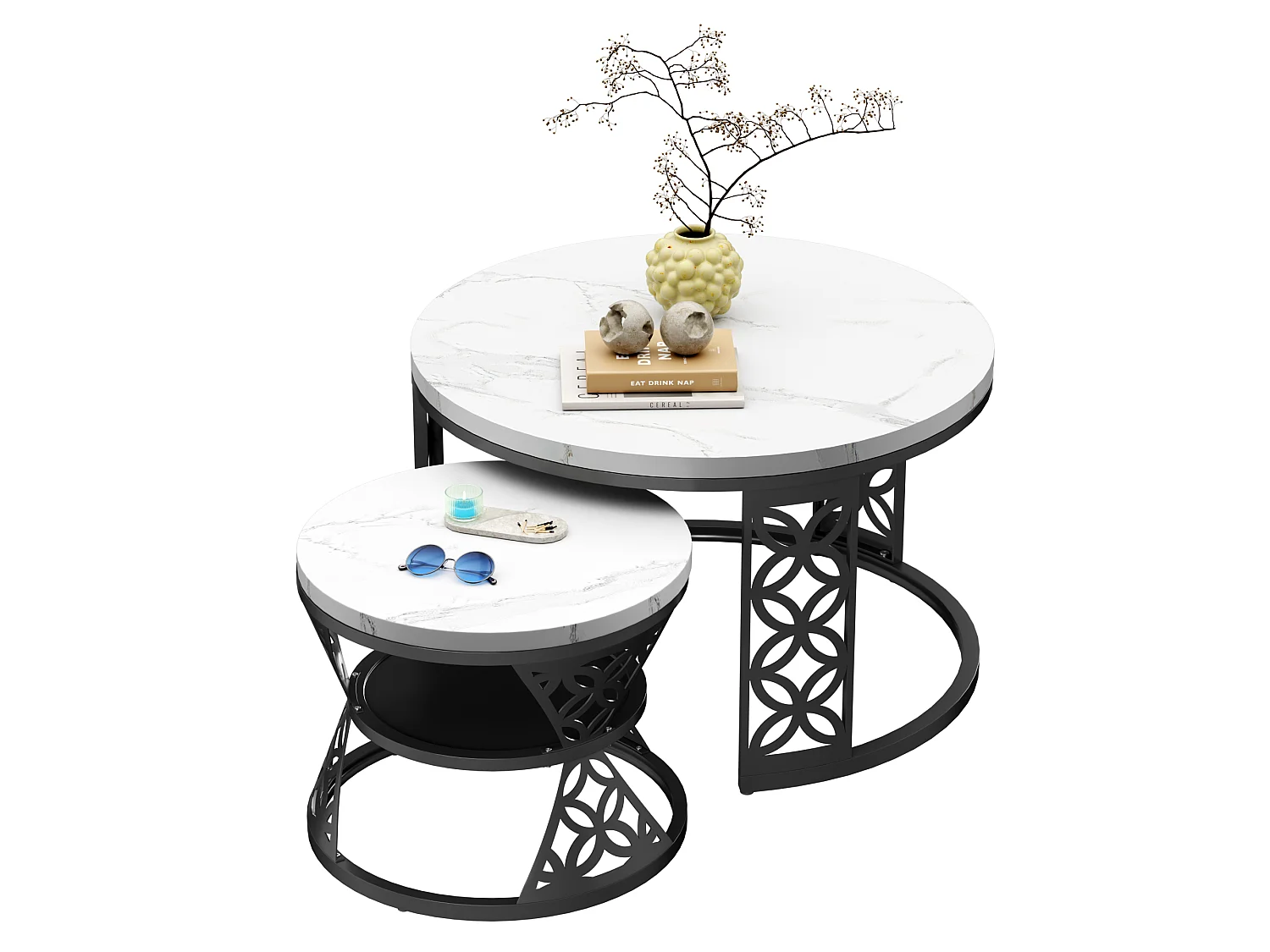 Table Basse Gigogne Ronde 2 Pièces - Tables Empilables avec Plateau Effet Marbre et Piètement Métal Noir Blanc et Noir