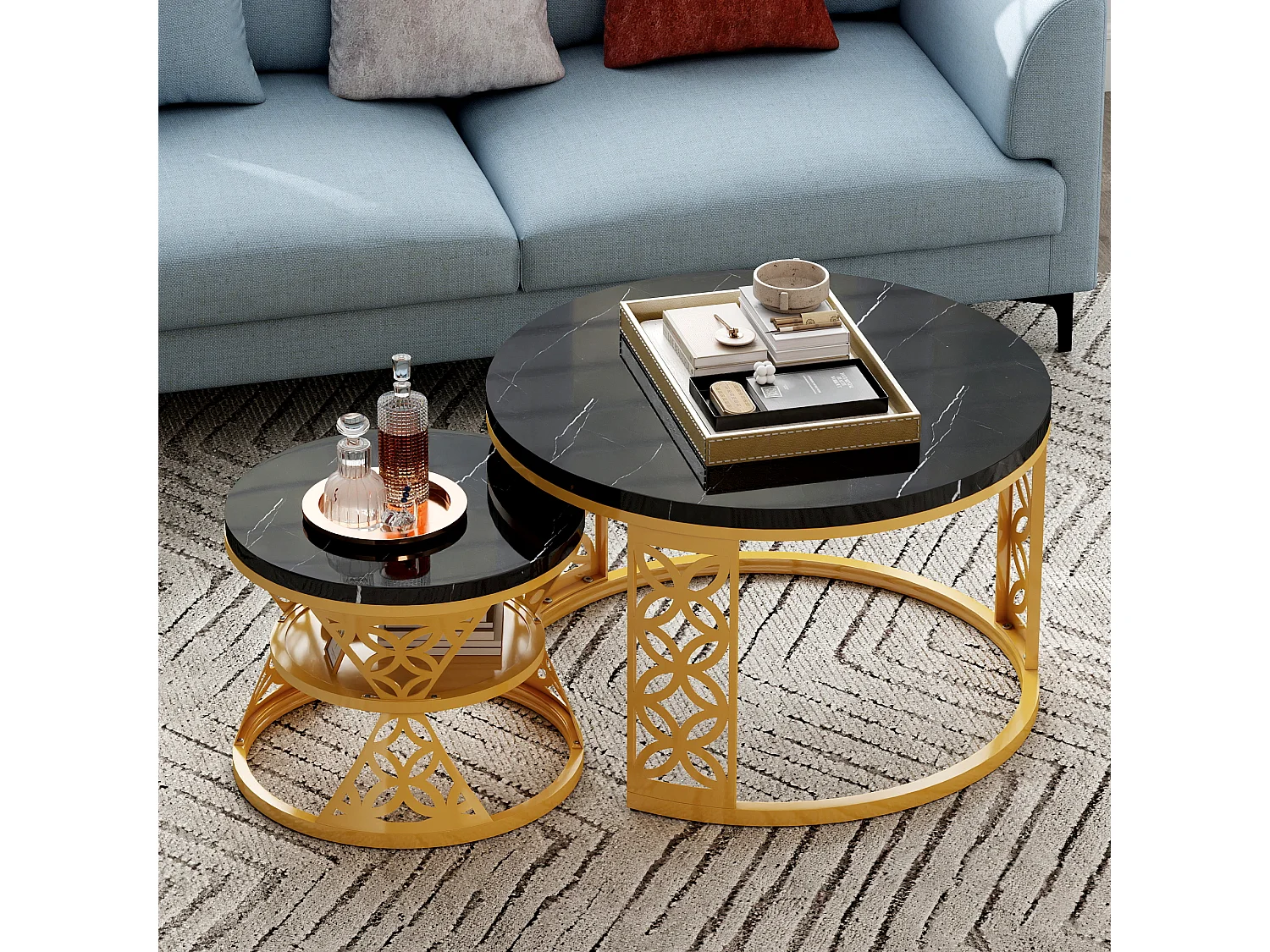 Table Basse Gigogne Ronde 2 Pièces - Tables Empilables avec Plateau MDF Effet Marbre Noir et Piètement Métal Doré Or et Noir