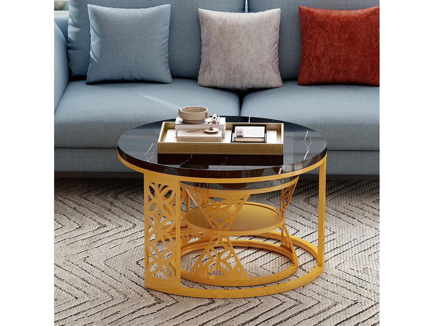 Table Basse Gigogne Ronde 2 Pièces - Tables Empilables avec Plateau MDF Effet Marbre Noir et Piètement Métal Doré Or et Noir