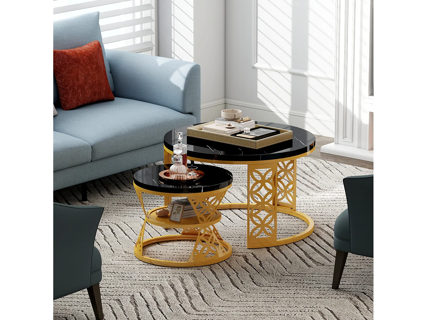 Table Basse Gigogne Ronde 2 Pièces - Tables Empilables avec Plateau MDF Effet Marbre Noir et Piètement Métal Doré Or et Noir