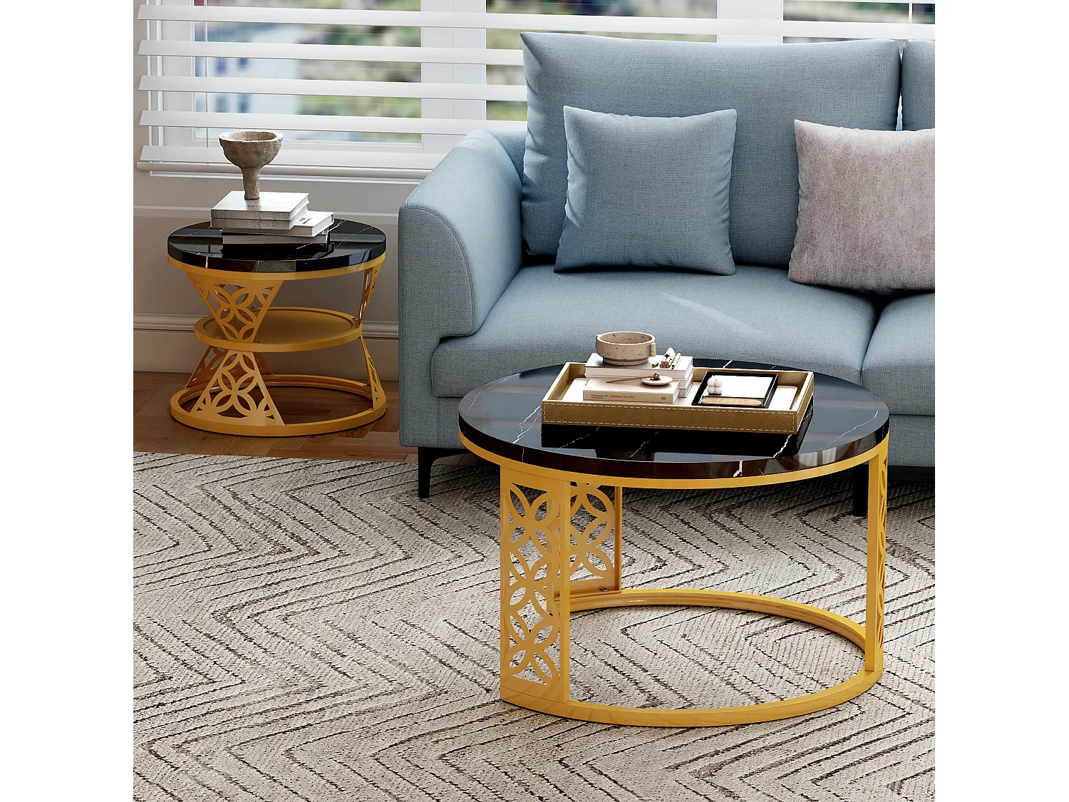 Table Basse Gigogne Ronde 2 Pièces - Tables Empilables avec Plateau MDF Effet Marbre Noir et Piètement Métal Doré Or et Noir