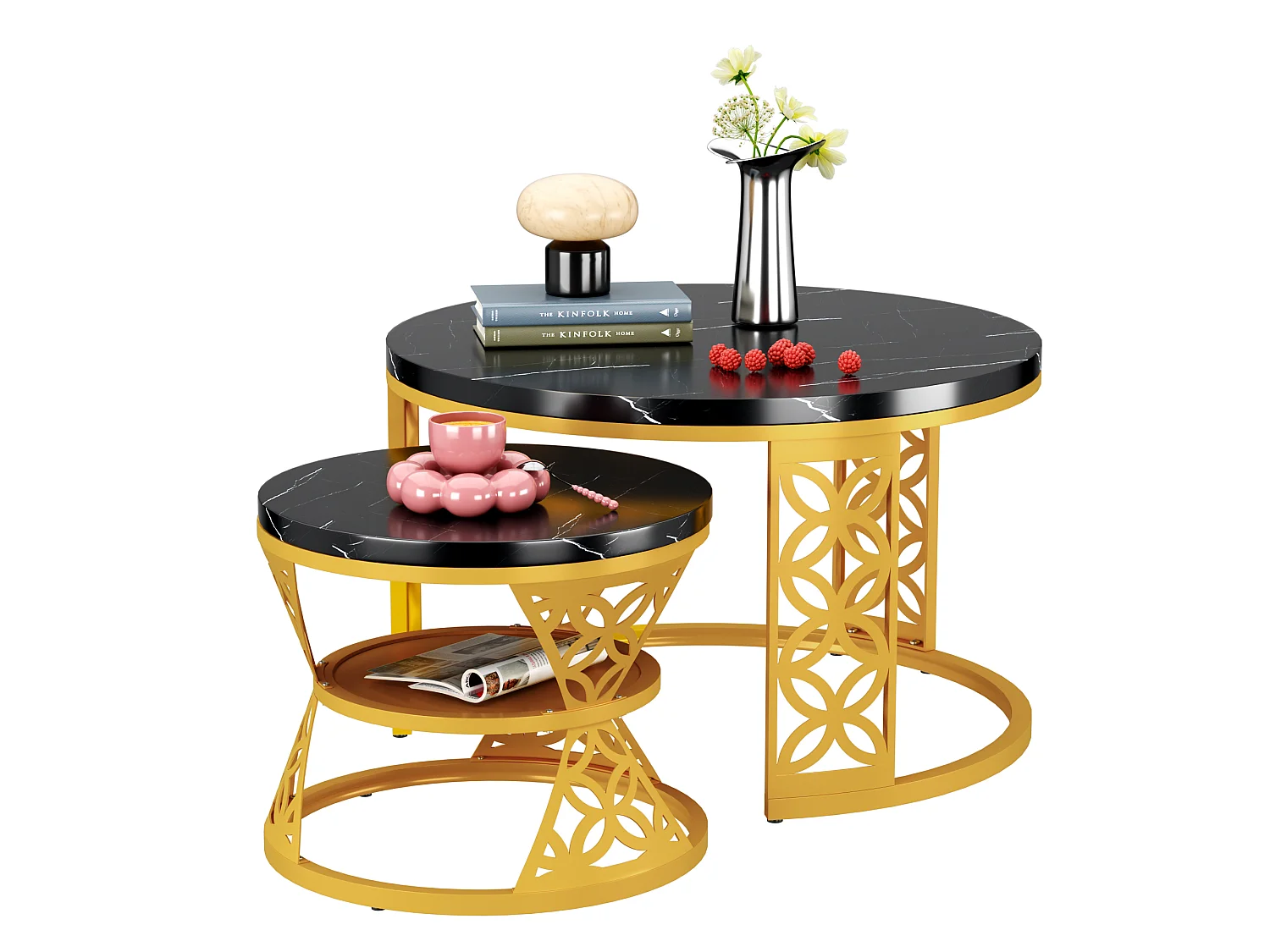 Table Basse Gigogne Ronde 2 Pièces - Tables Empilables avec Plateau MDF Effet Marbre Noir et Piètement Métal Doré Or et Noir