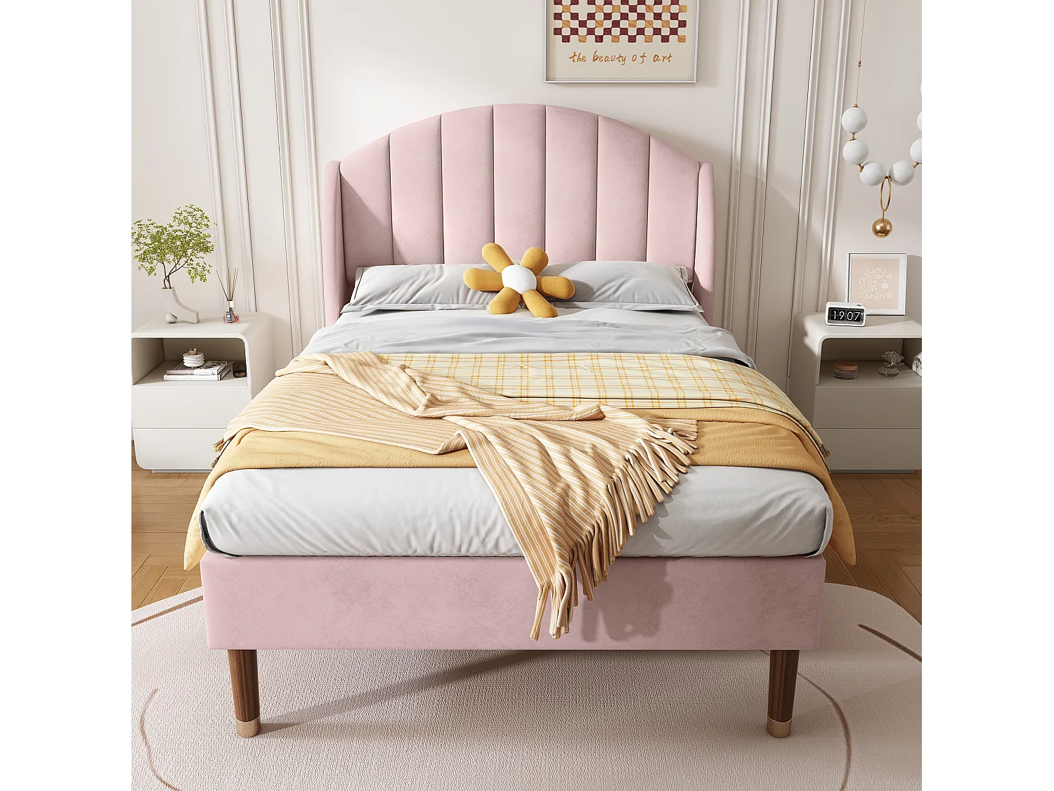Lit 90 x 200 cm - Lit Simple Rembourré avec Sommier à Lattes Bois et Tête Rembourrée - en Velours - Moderne - Rose - sans Matelas