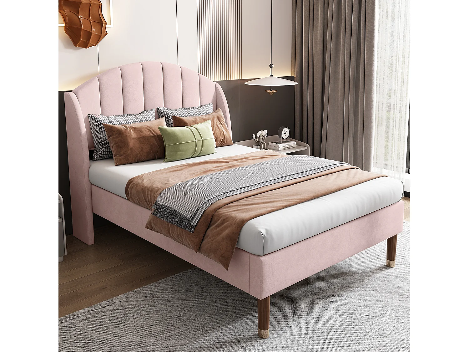 Lit 90 x 200 cm - Lit Simple Rembourré avec Sommier à Lattes Bois et Tête Rembourrée - en Velours - Moderne - Rose - sans Matelas