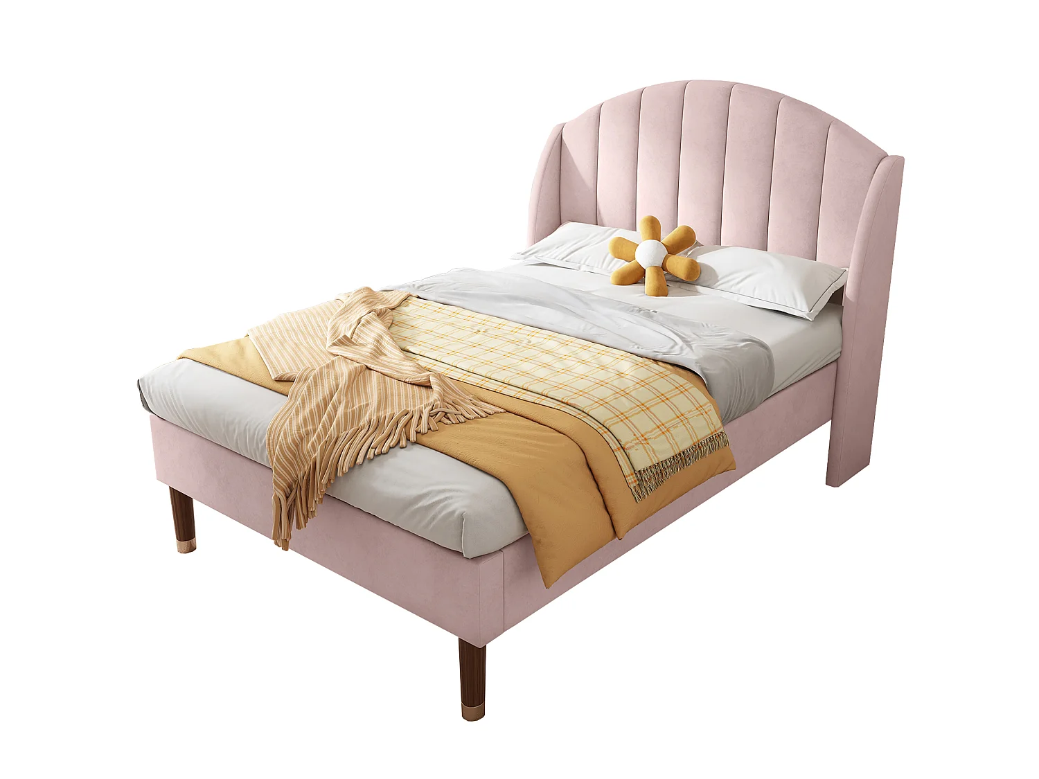 Lit 90 x 200 cm - Lit Simple Rembourré avec Sommier à Lattes Bois et Tête Rembourrée - en Velours - Moderne - Rose - sans Matelas