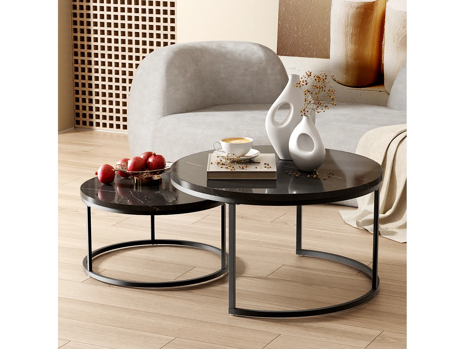 Table Basse Gigogne 2 Pièces Empilable Avec Cadre en Métal et Plateau MDF Facile à Nettoyer - Noir - 80x45 / 60x33.5 cm