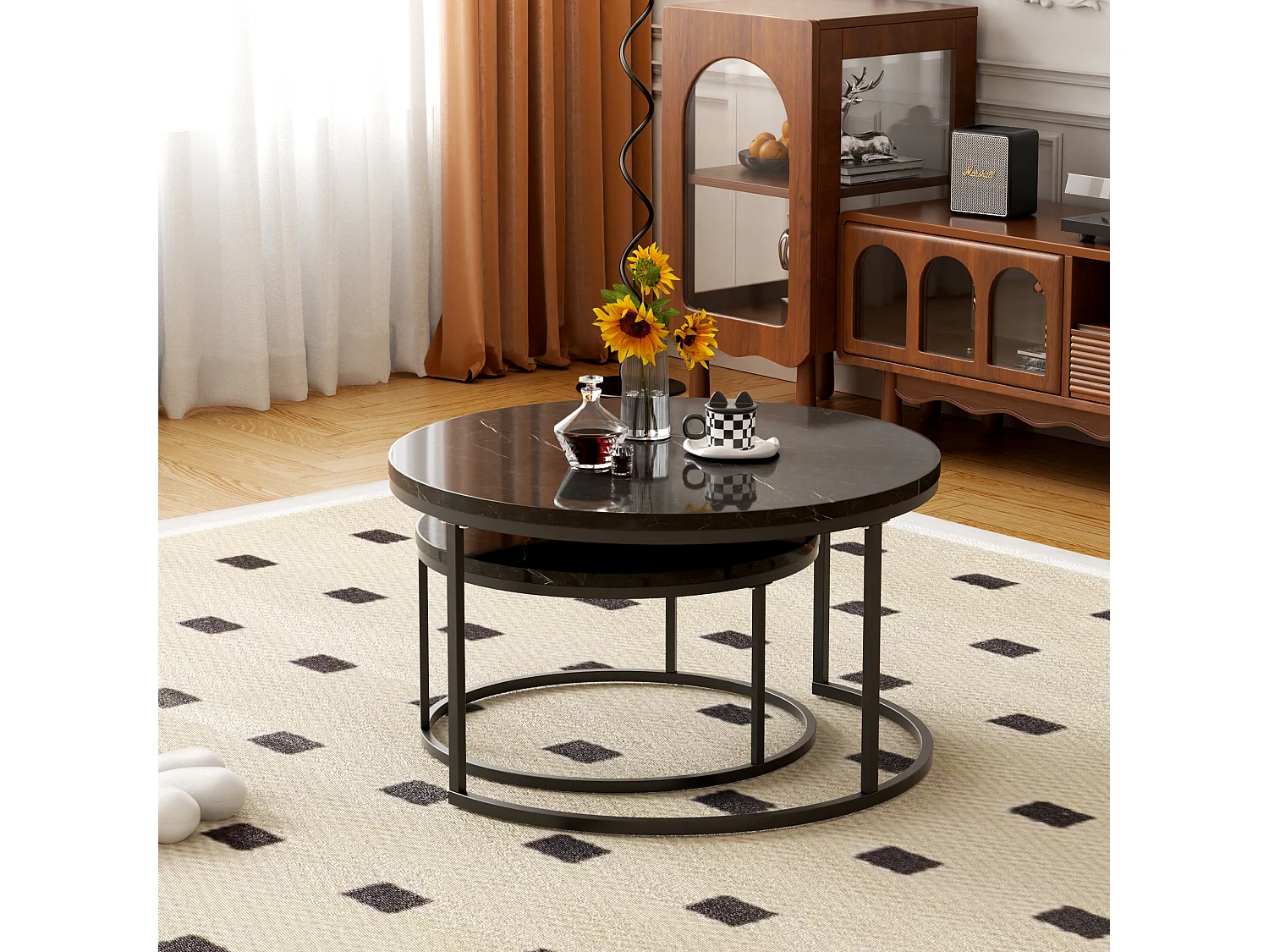 Table Basse Gigogne 2 Pièces Empilable Avec Cadre en Métal et Plateau MDF Facile à Nettoyer - Noir - 80x45 / 60x33.5 cm