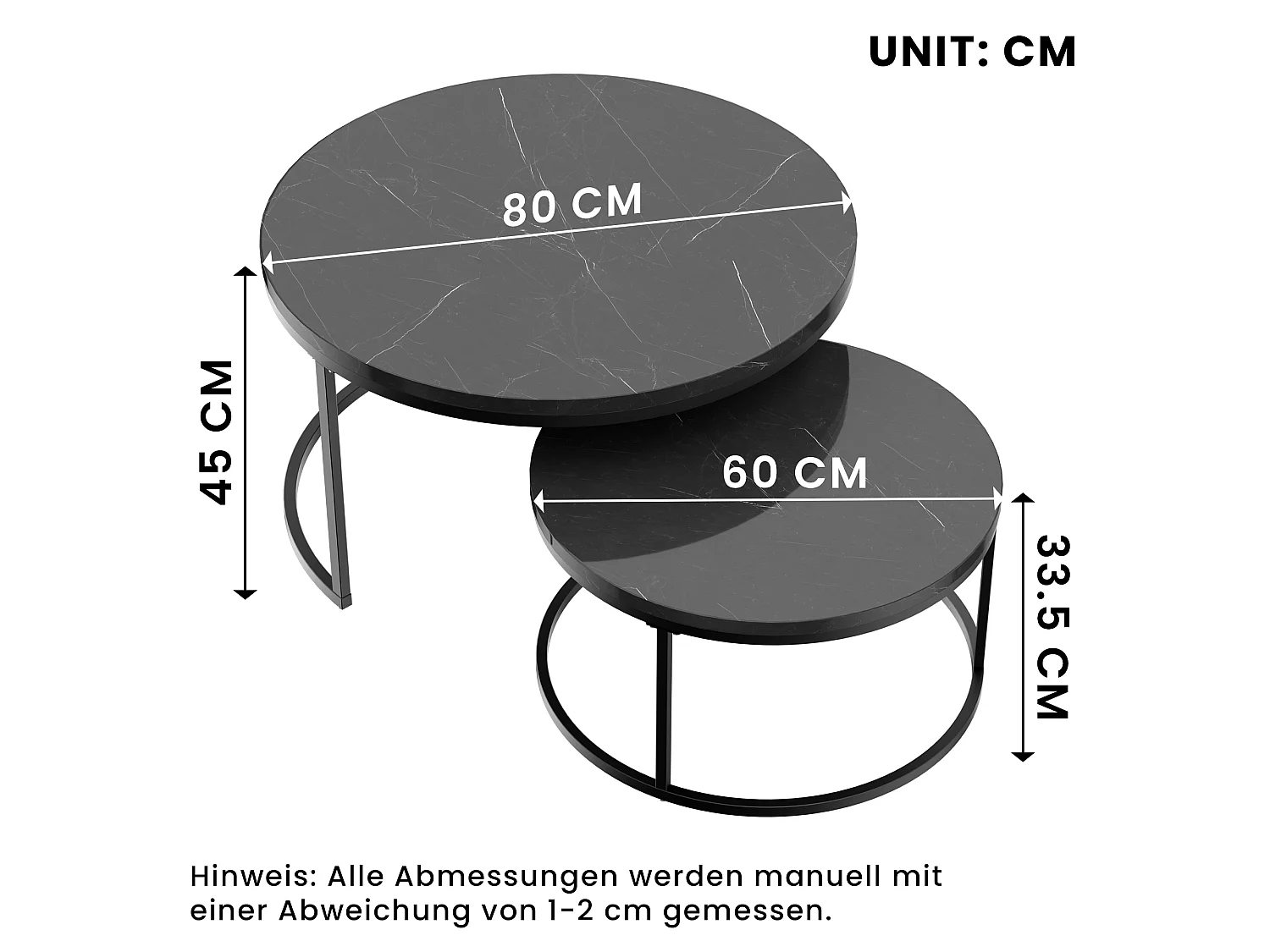 Table Basse Gigogne 2 Pièces Empilable Avec Cadre en Métal et Plateau MDF Facile à Nettoyer - Noir - 80x45 / 60x33.5 cm