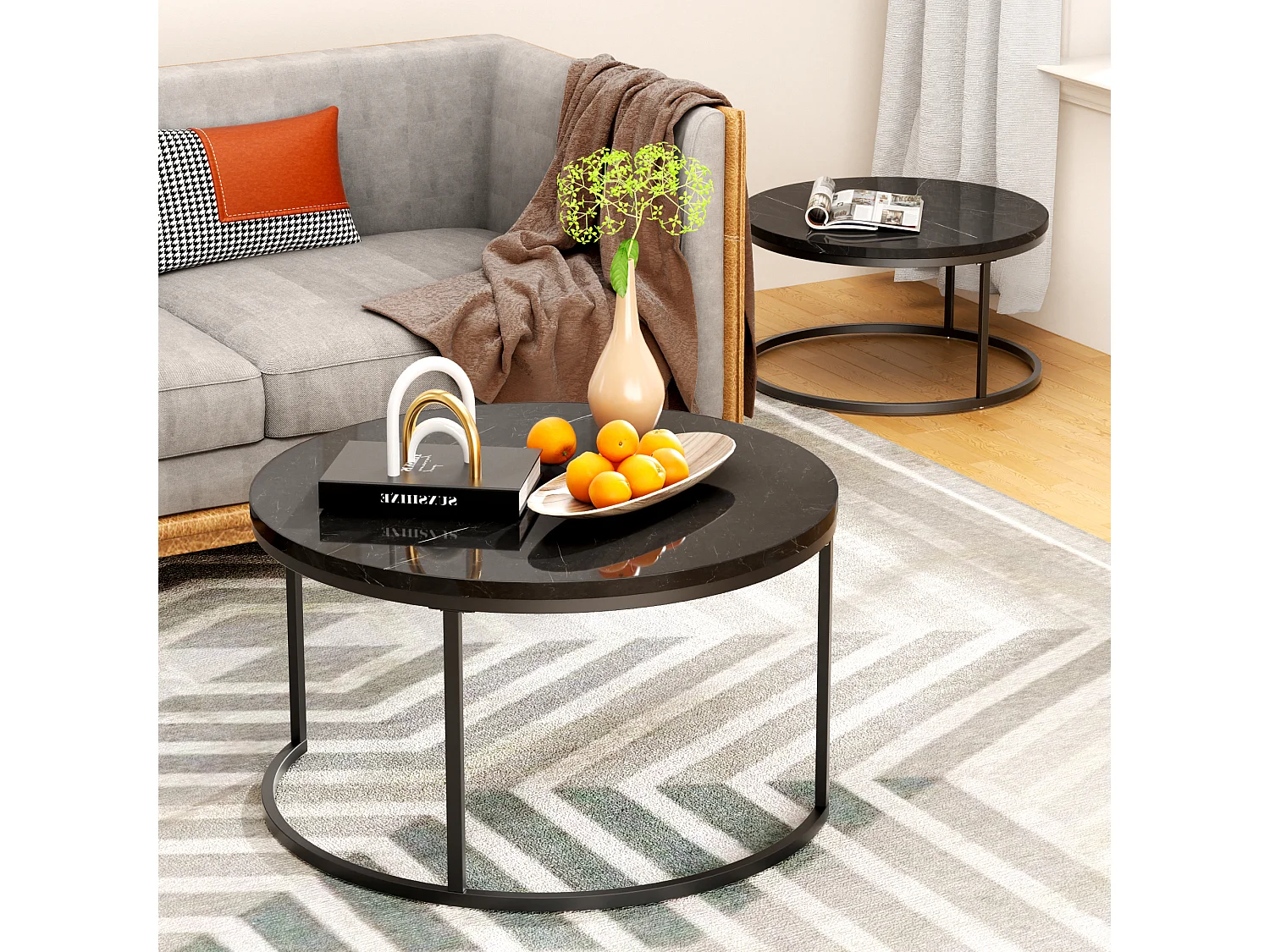 Table Basse Gigogne 2 Pièces Empilable Avec Cadre en Métal et Plateau MDF Facile à Nettoyer - Noir - 80x45 / 60x33.5 cm