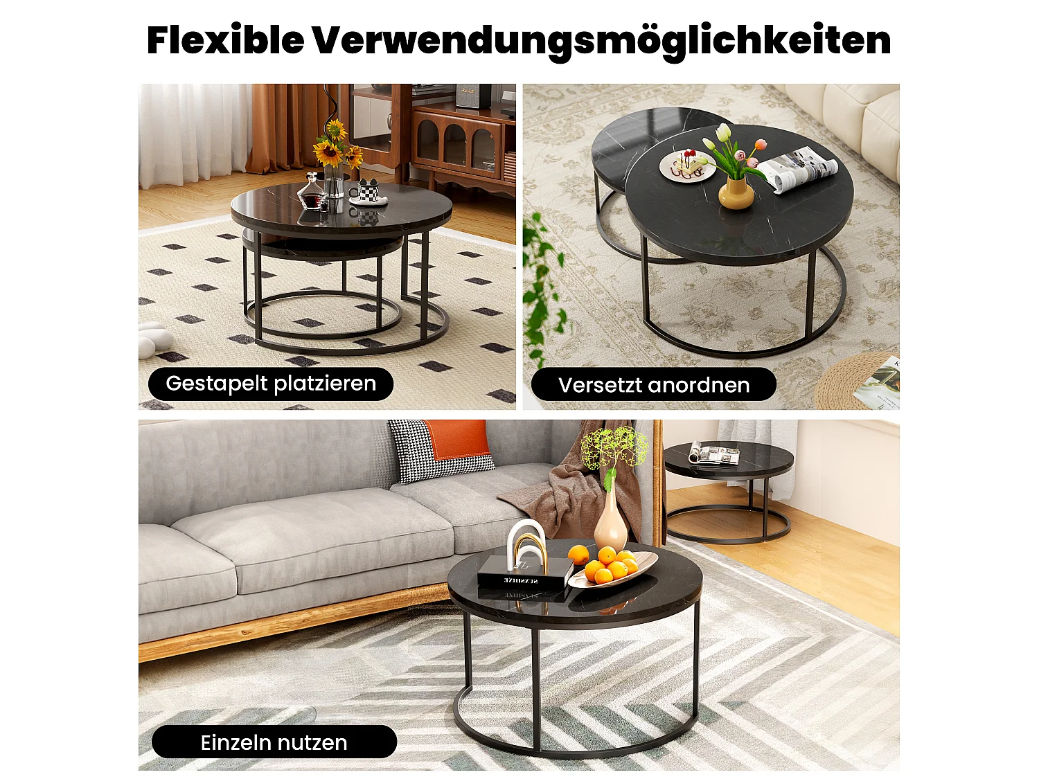 Table Basse Gigogne 2 Pièces Empilable Avec Cadre en Métal et Plateau MDF Facile à Nettoyer - Noir - 80x45 / 60x33.5 cm