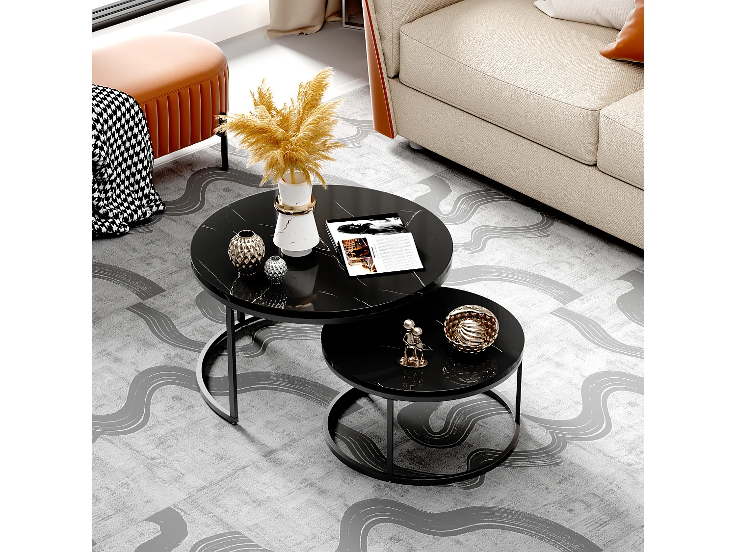 Table Basse Gigogne 2 Pièces Empilable Avec Cadre en Métal et Plateau MDF Facile à Nettoyer - Noir - 80x45 / 60x33.5 cm