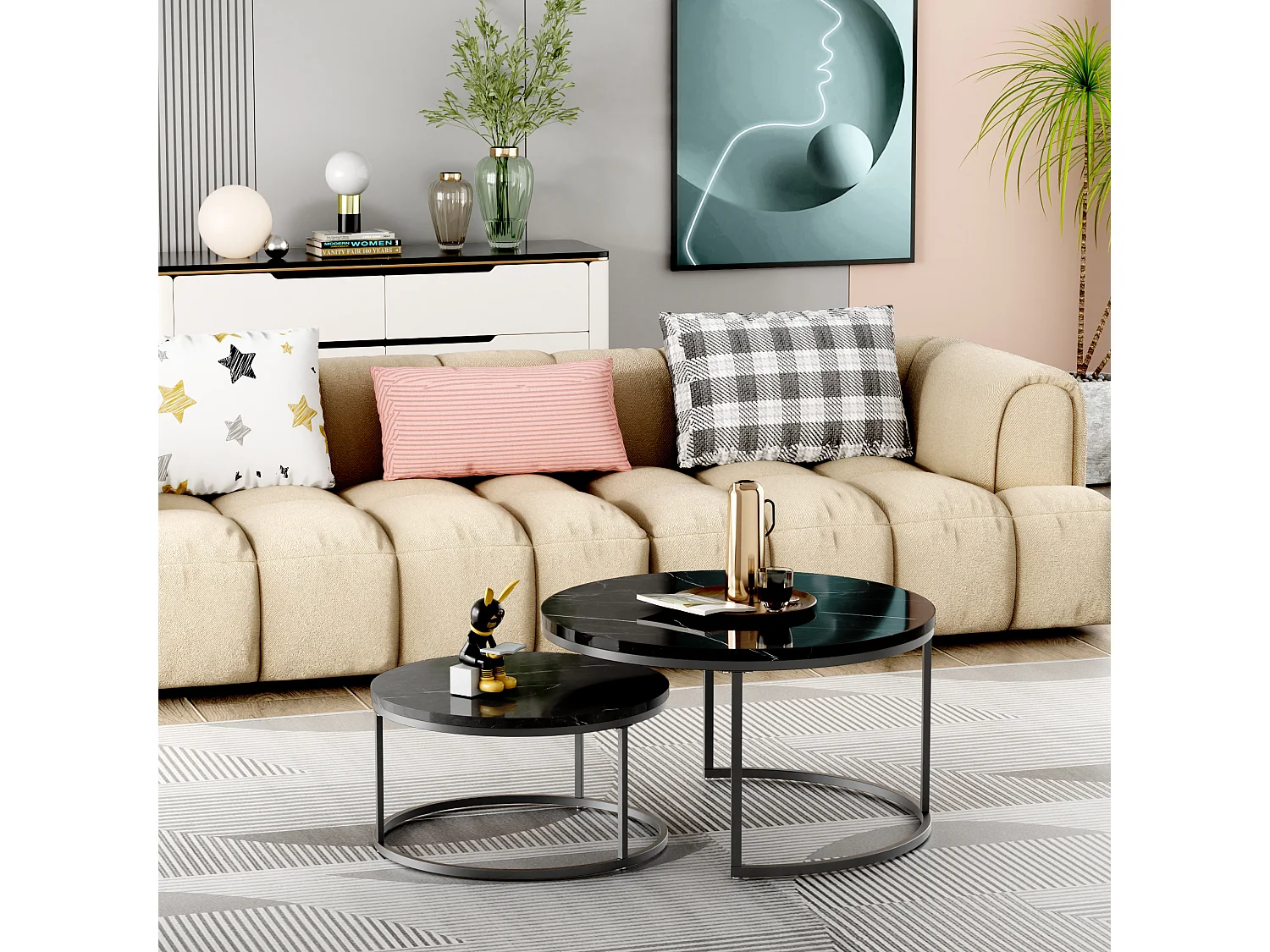 Table Basse Gigogne 2 Pièces Empilable Avec Cadre en Métal et Plateau MDF Facile à Nettoyer - Noir - 80x45 / 60x33.5 cm