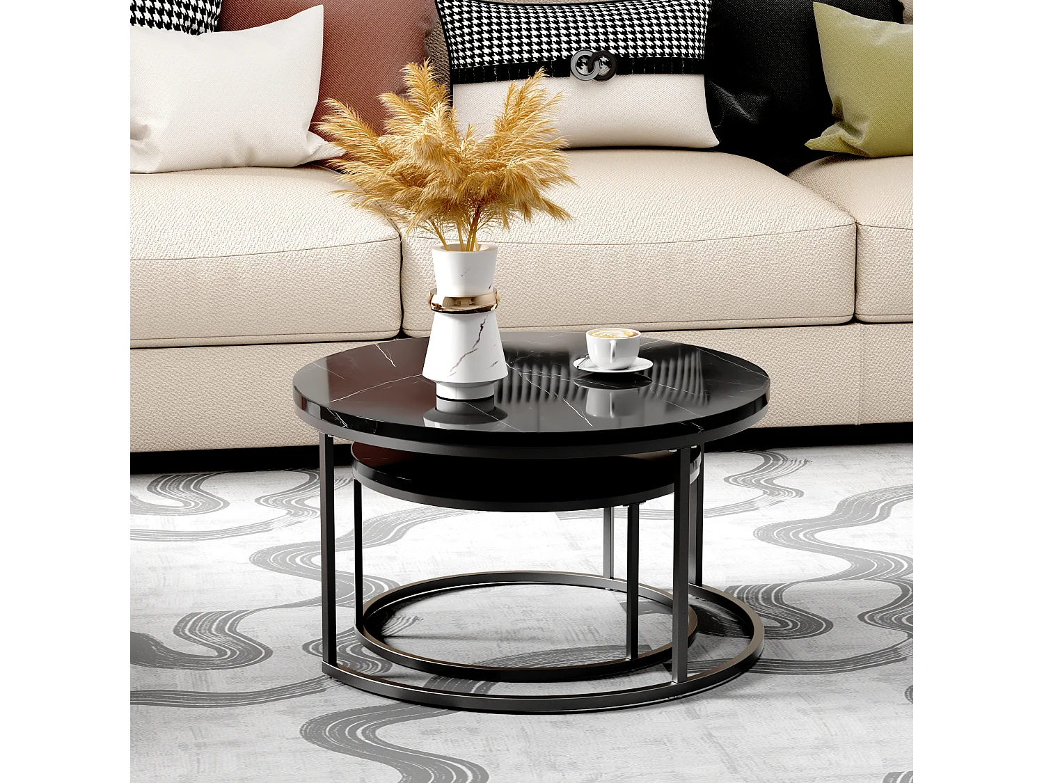 Table Basse Gigogne 2 Pièces Empilable Avec Cadre en Métal et Plateau MDF Facile à Nettoyer - Noir - 80x45 / 60x33.5 cm