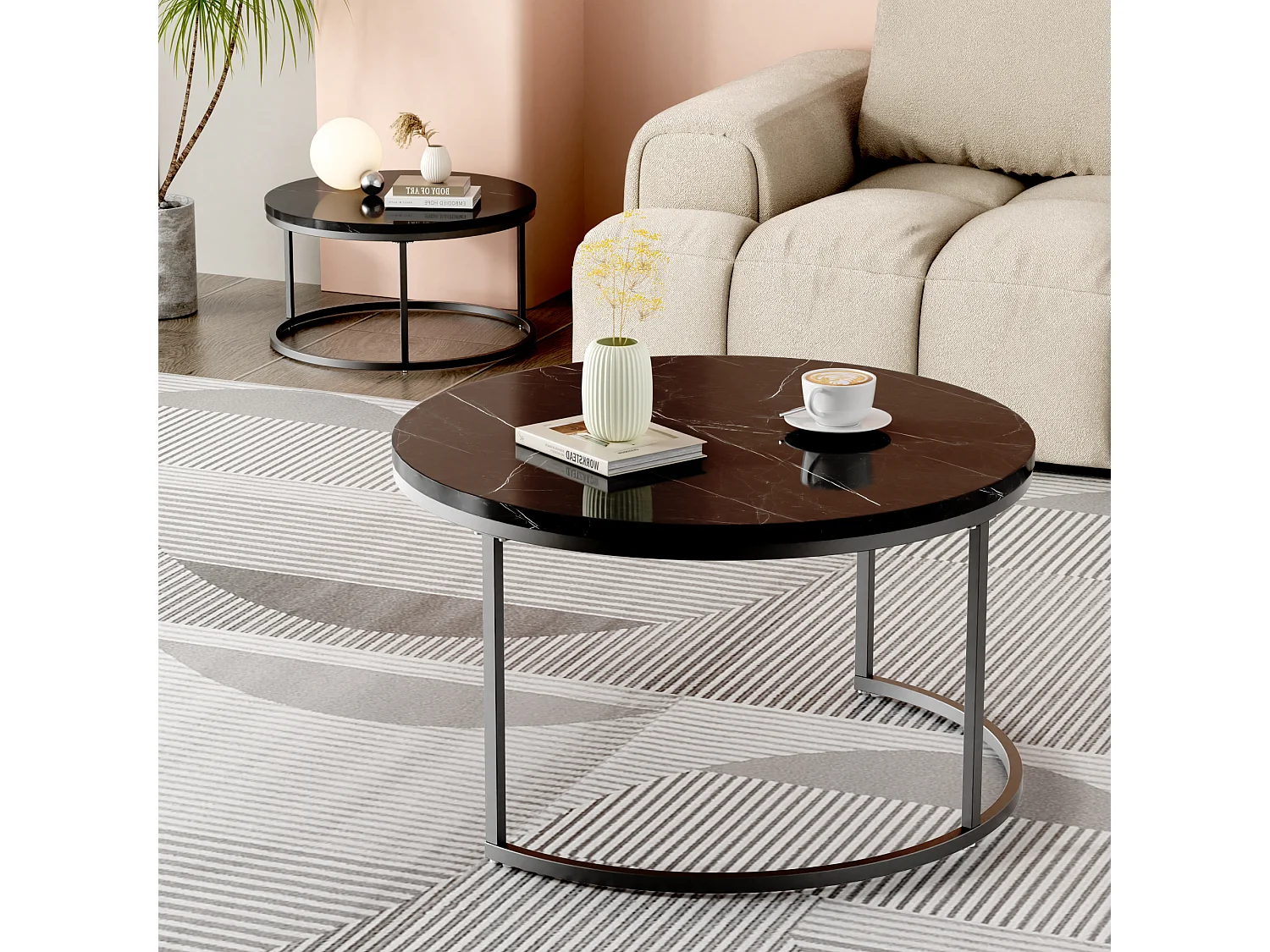 Table Basse Gigogne 2 Pièces Empilable Avec Cadre en Métal et Plateau MDF Facile à Nettoyer - Noir - 80x45 / 60x33.5 cm