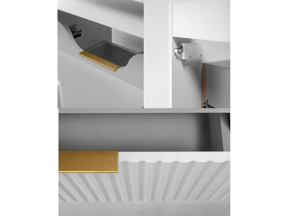 Meuble sous vasque suspendu avec panier à linge, blanc, poignées dorées, 160 x 46 x 57 cm